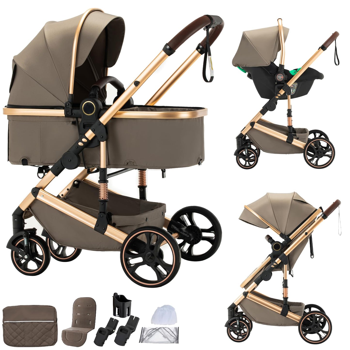 BEBBY 3-in-1 Pushchair Combination Pram Set 2-in-1 Buggy Foldable Luxury High Landscape Newborn Portable Foldable Pushchair Travel System (Black Gold, H2)