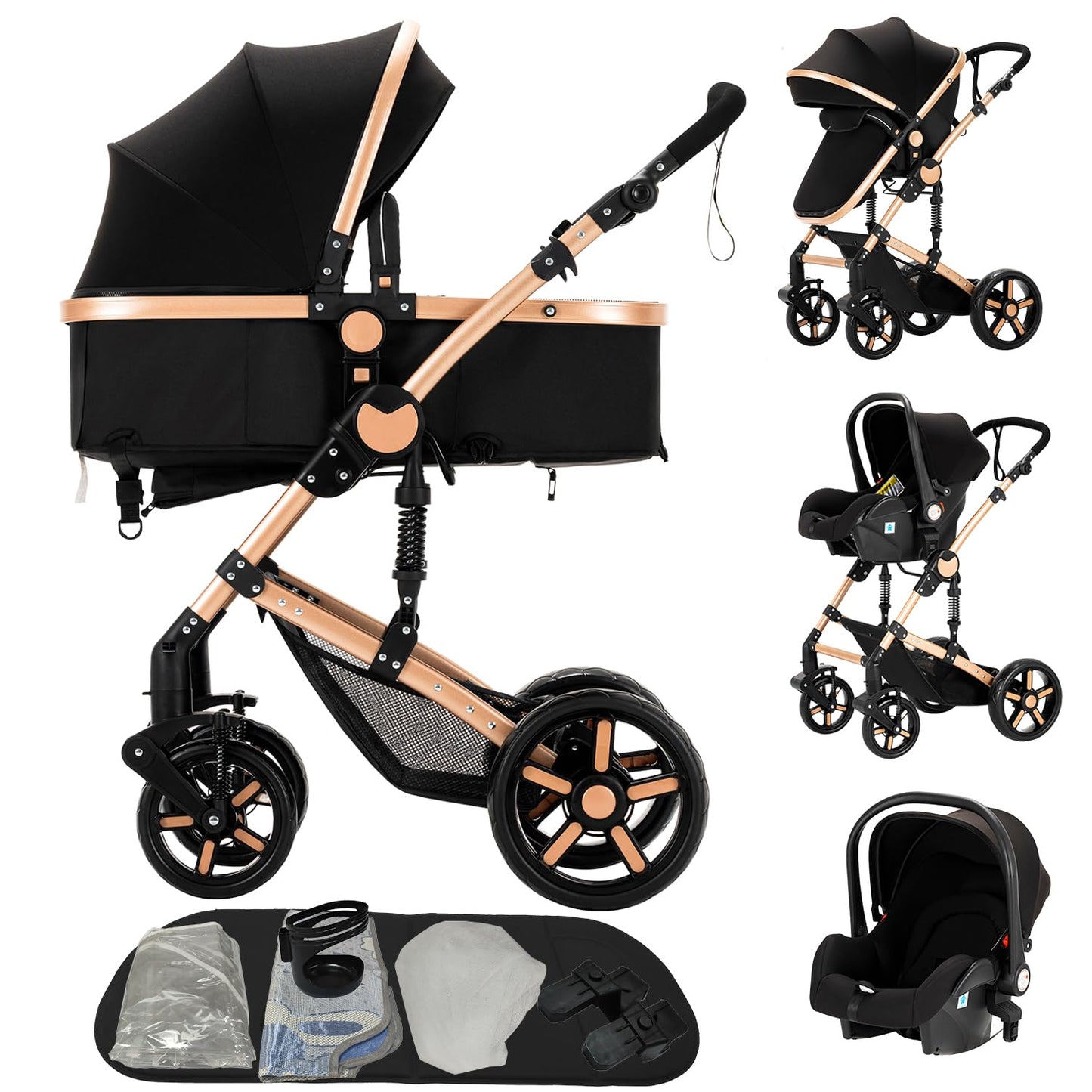 Doraystar 360° Rotation PU Leather Pushchair 3-in-1 Combination Pushchair 3-in-1 with Two Reversible Sliding Modes, Pushchair Complete Set with One-Click Folding Design, Aluminium Alloy Frame (906