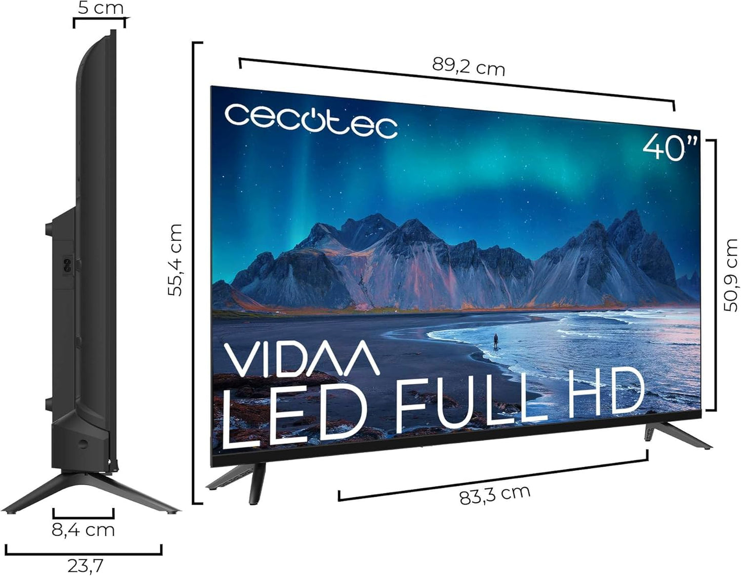 Cecotec Smart TV - LED-Fernseher mit 40 Zoll, Full HD-Auflösung - A5 Serie ALF50040. VIDAA Smart TV, Dolby Audio, integriertes WLAN, 3 HDMI und 2 USB, 16W Lautsprecher