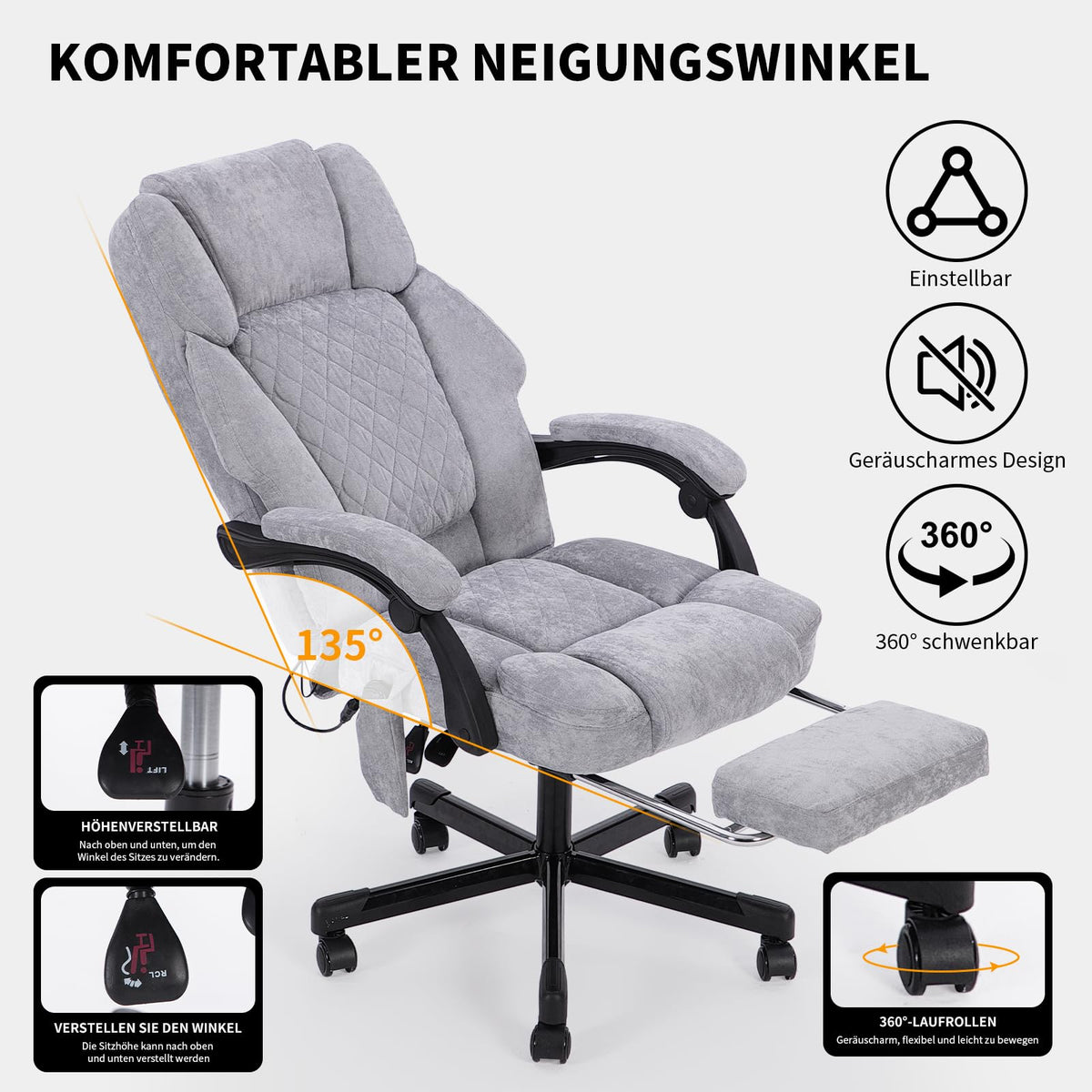 Ergonomic Office Chair, Massage and Heat Chair, Swivel Chair with Footrest, Furniture for Study, PC Chair, Executive Chair, Fabric (Grey)