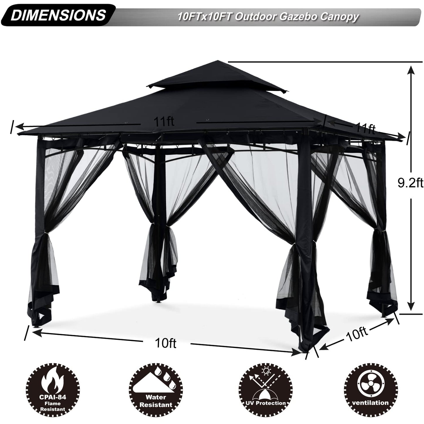 ABCCANOPY Pavillon 2.5x2.5m Wasserdicht Stabil Winterfest Gartenpavillon，Doppeldachweichdach Hinterhof-Partyzelt mit Netz für Schatten und Regen,Grau