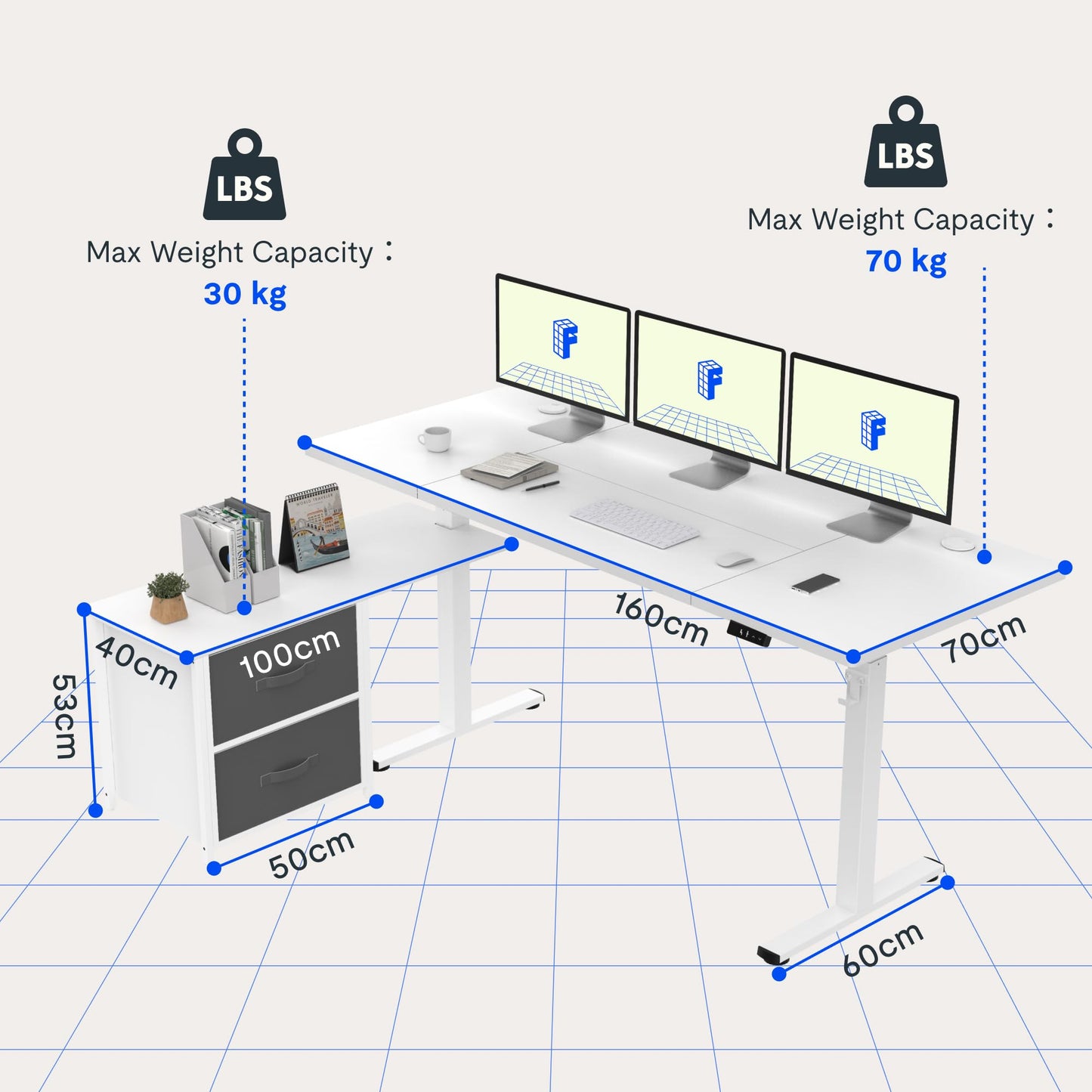 FLEXISPOT Height-Adjustable Desk, Electrically Height-Adjustable, L-Shaped with Drawers and Reversible Storage Space, Ergonomic Standing Seat Table, 160 x 70 cm, White
