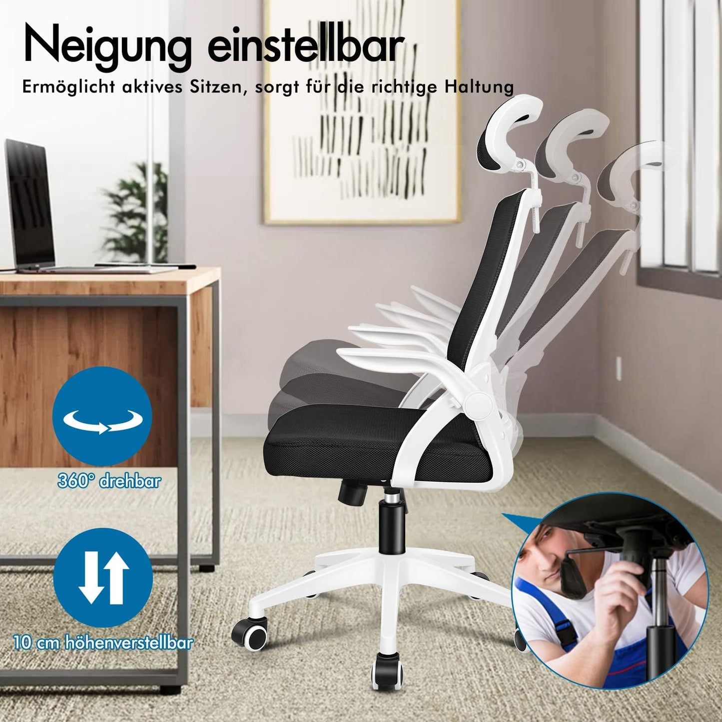 ALFORDSON Ergonomic Office Desk Chair, Computer Chair with Dynamic Lumbar Support, Tilting Swivel Chair with Flip Up Armrest, Black