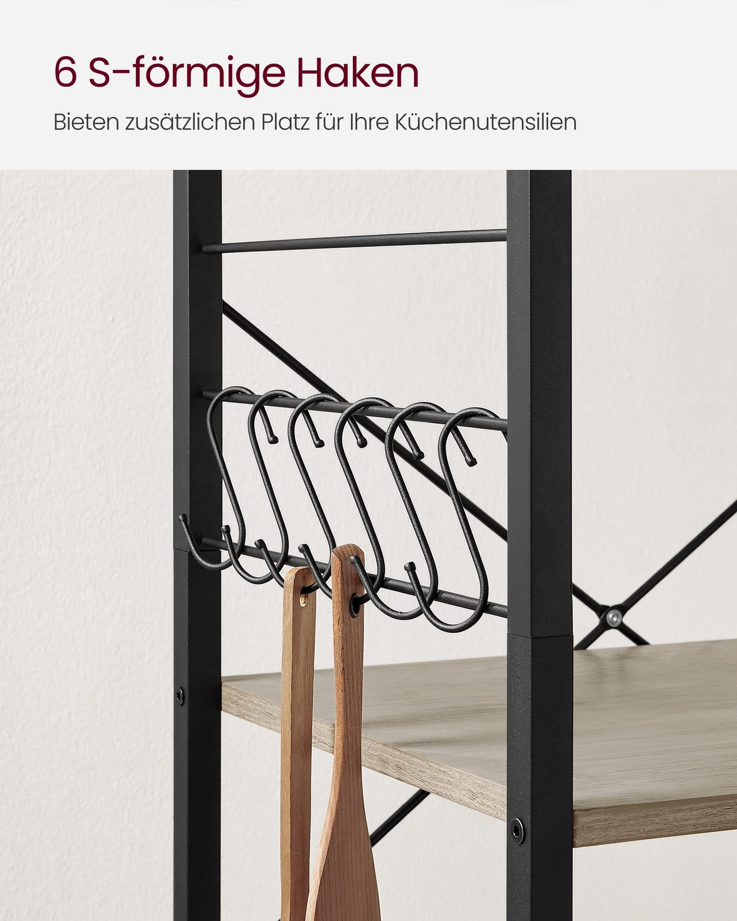 VASAGLE KKS60XV1 Kitchen Rack on Wheels Serving Trolley 3 Tier Kitchen Trolley Mini Oven Microwave Metal Frame 6 Hooks 40 x 60 x 89 cm Vintage Brown Ink Black