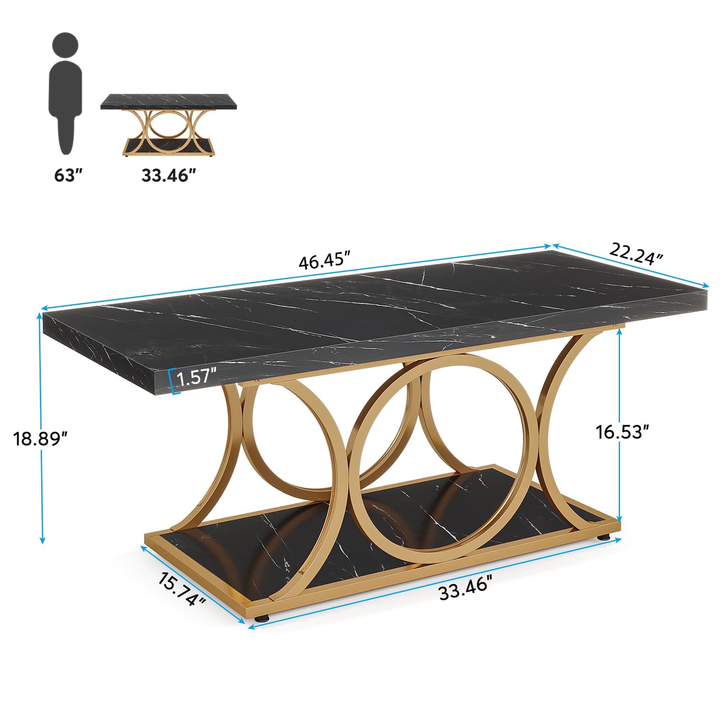 Tribesigns Rectangular Coffee Table, 120 cm Modern Living Room Table, 2-Tier Faux Marble Coffee Table with Geometric Legs, Furniture with Storage Compartment (Black and Gold)