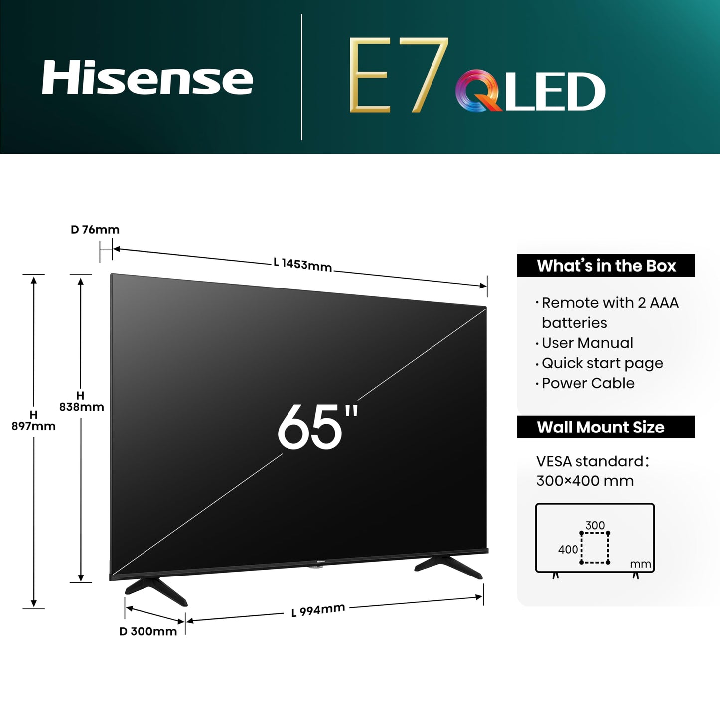 Hisense 43E7Q 43 Inch 4K UHD QLED, Smart TV, Game Mode Plus, Filmaker Mode, Dolby Vision Atmos, HDR10, HLG, HDR Immersive, AI 4K Upscaler, Dolby MS12, DTS X, Voice Control [2025]