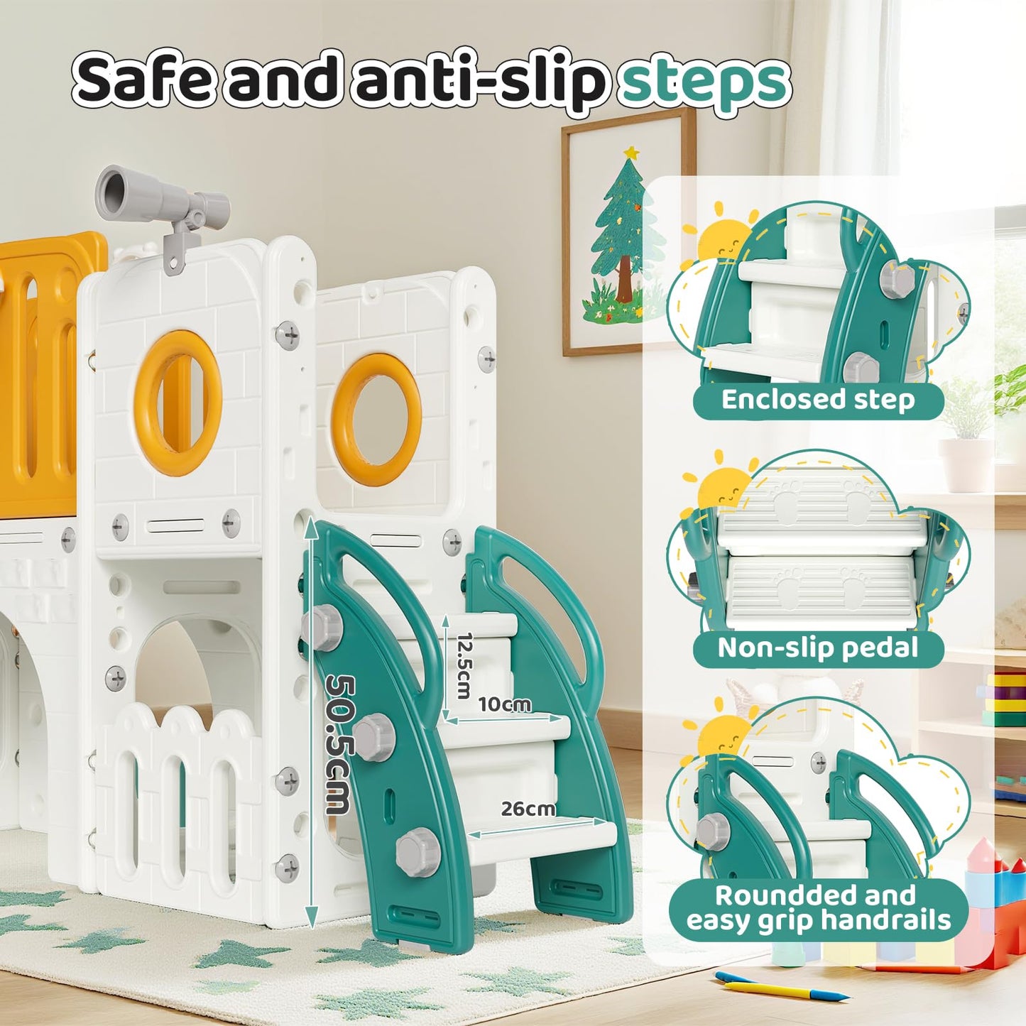 MAMIZO 9-in-1 Children's Slide, Children's Slide with Climbing Frame, Indoor and Outdoor Slide with Basketball Hoop and Telescope, Tunnel, Storage Space, Garden Slide, Children's Playground, with 2