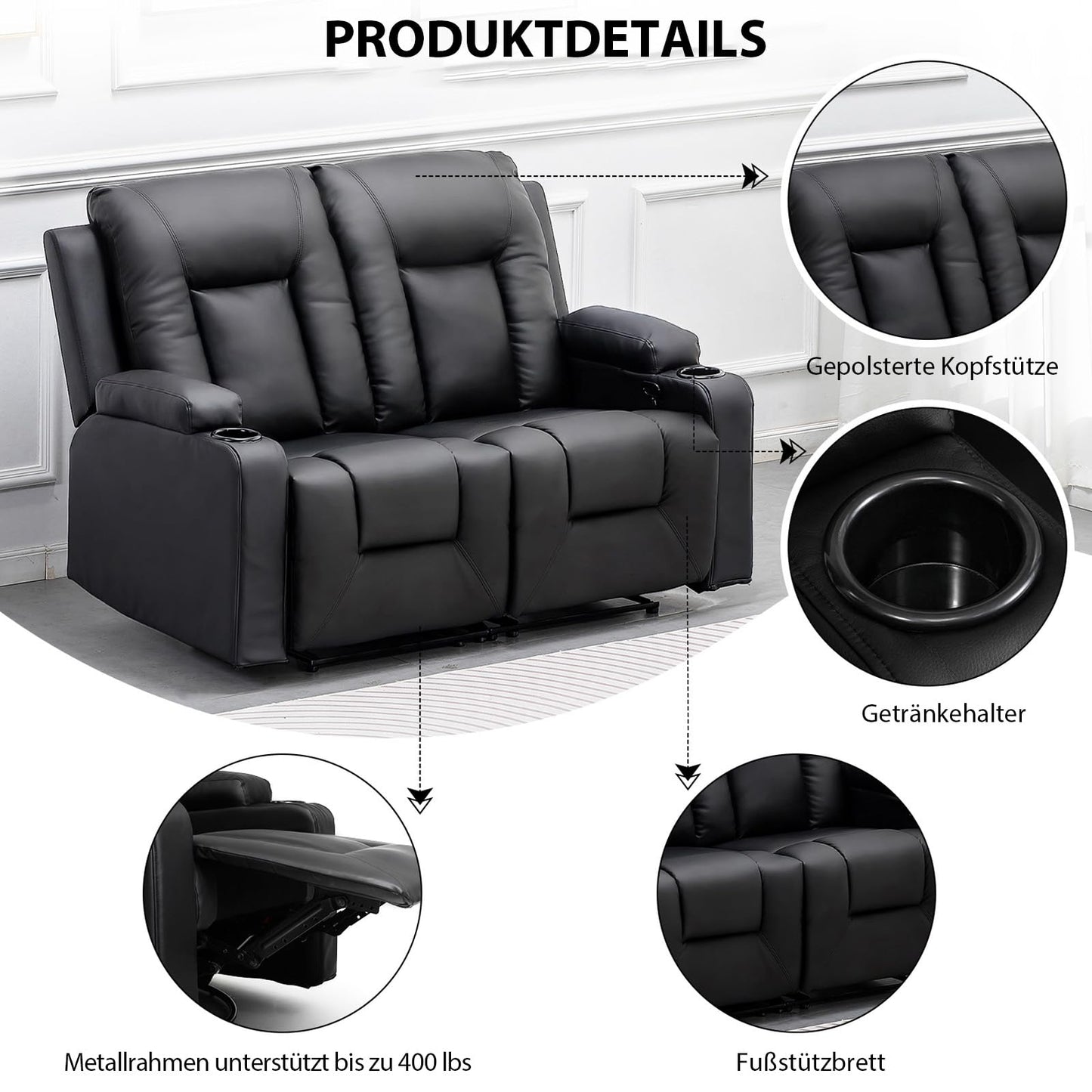 COMHOMA Relaxsessel-Set, Sofa, Sofa-Set aus Kunstleder, Fernsehsessel Ruhesessel Liegesessel mit Liege-Funktion Polstersessel Schlafsessel für Wohnzimmer Schlafzimmer Heimkino,Schwarz, 3+2+1