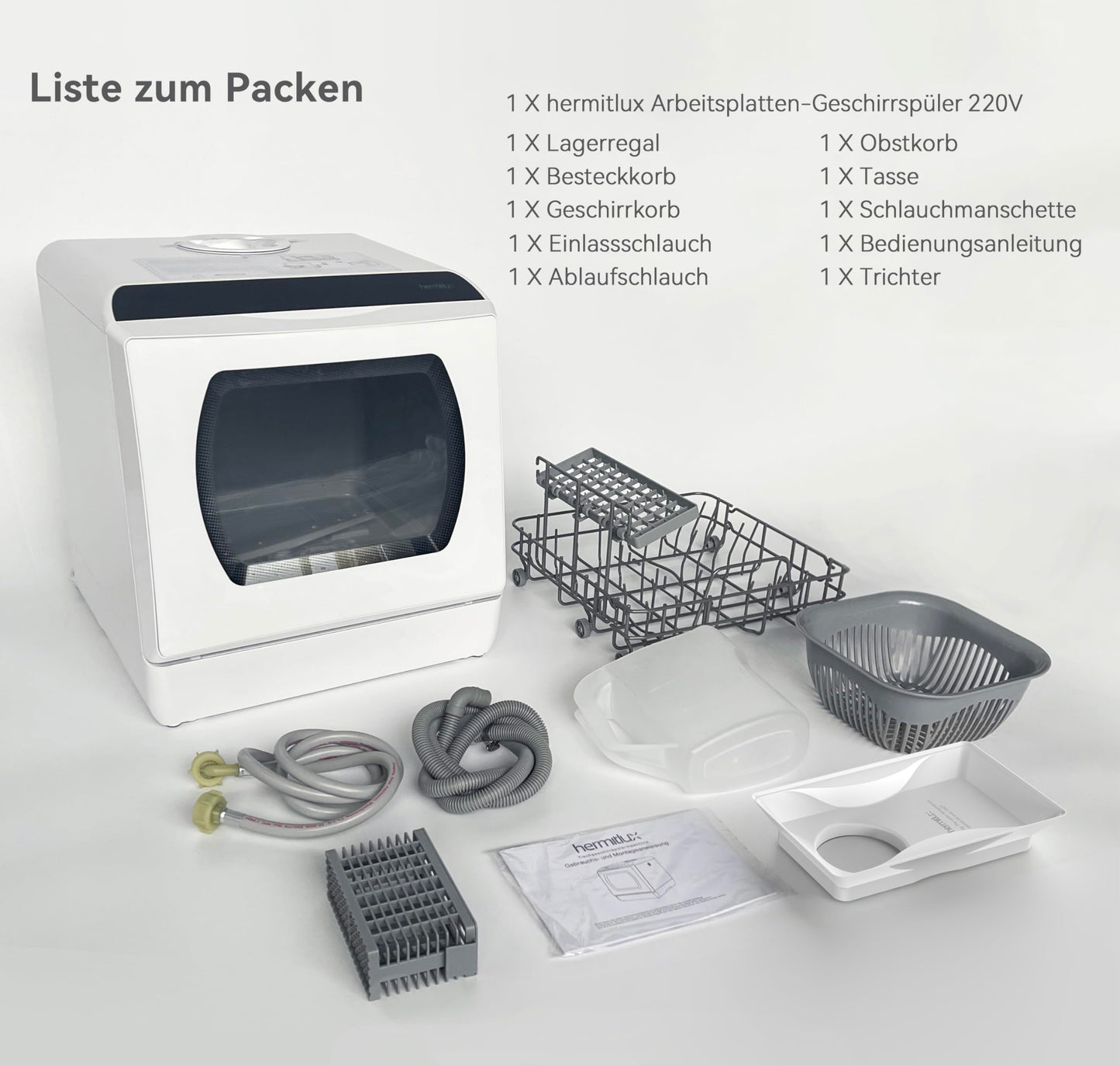 Hermitlux Tischgeschirrspüler, mini spülmaschine mit 7+3 Programme, 5 Maßgedecken, 5L Wassertank, Startverzögerung und Kindersicherung