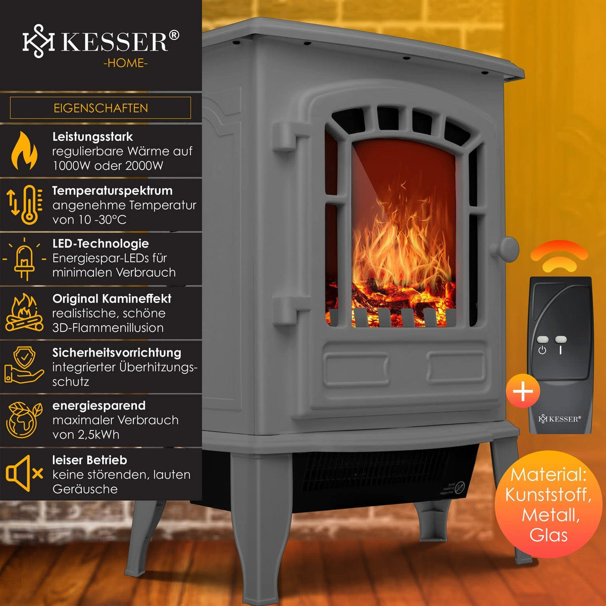 Kesser® Electric Fireplace with Fan Heater, 2000 W Electric Fireplace, Electric Heater, LED Fireplace, Effect Fireplace, Flame Effect Heater Oven, Silent, Adjustable, white
