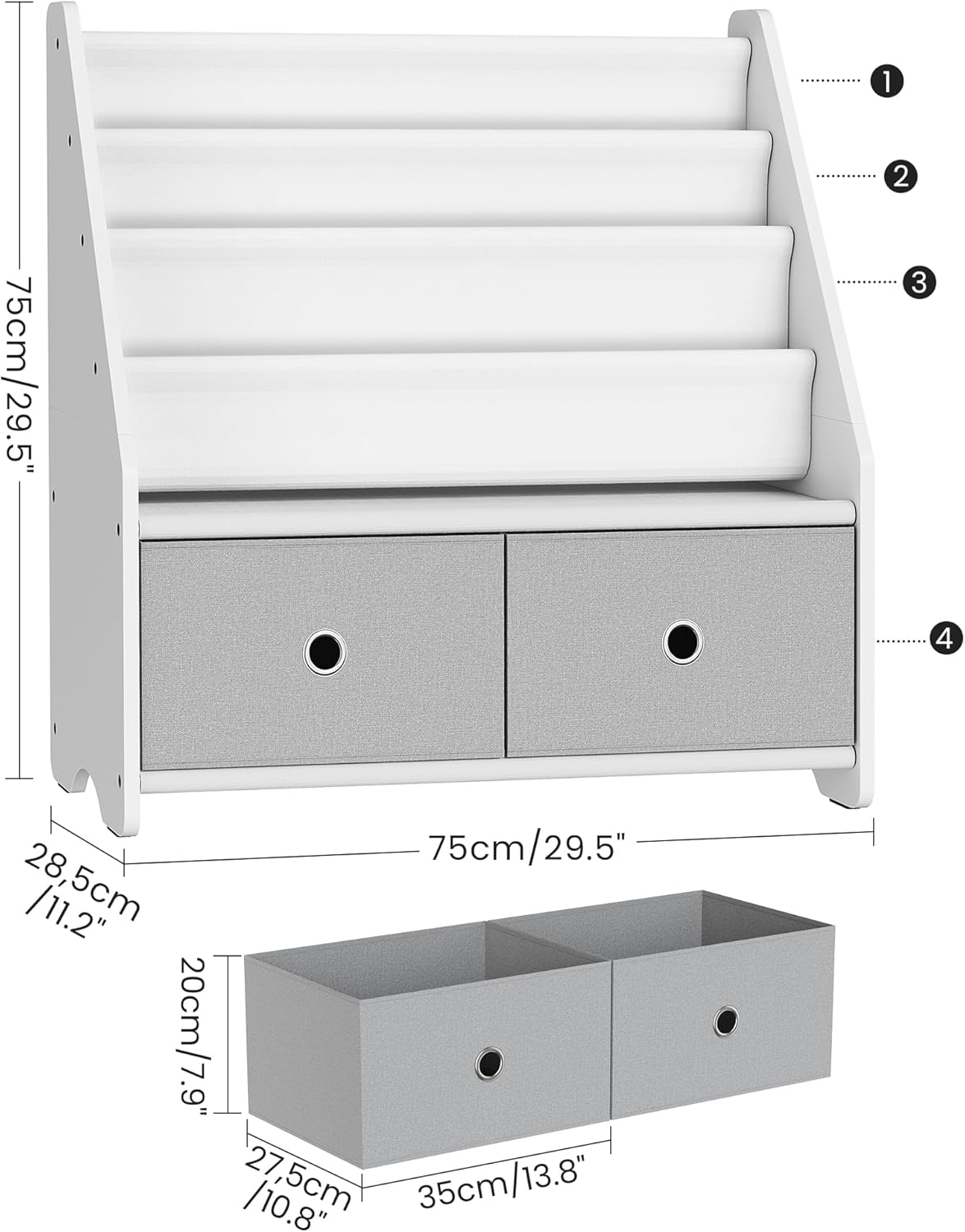 Kids Bookcase, Kids Shelf, Toy Organiser, with 3 Fabric Compartments and 2 Pull Out Toy Boxes, for Kids 3-8 Years Old, for Nursery Playroom, White and Grey DMCW06WT