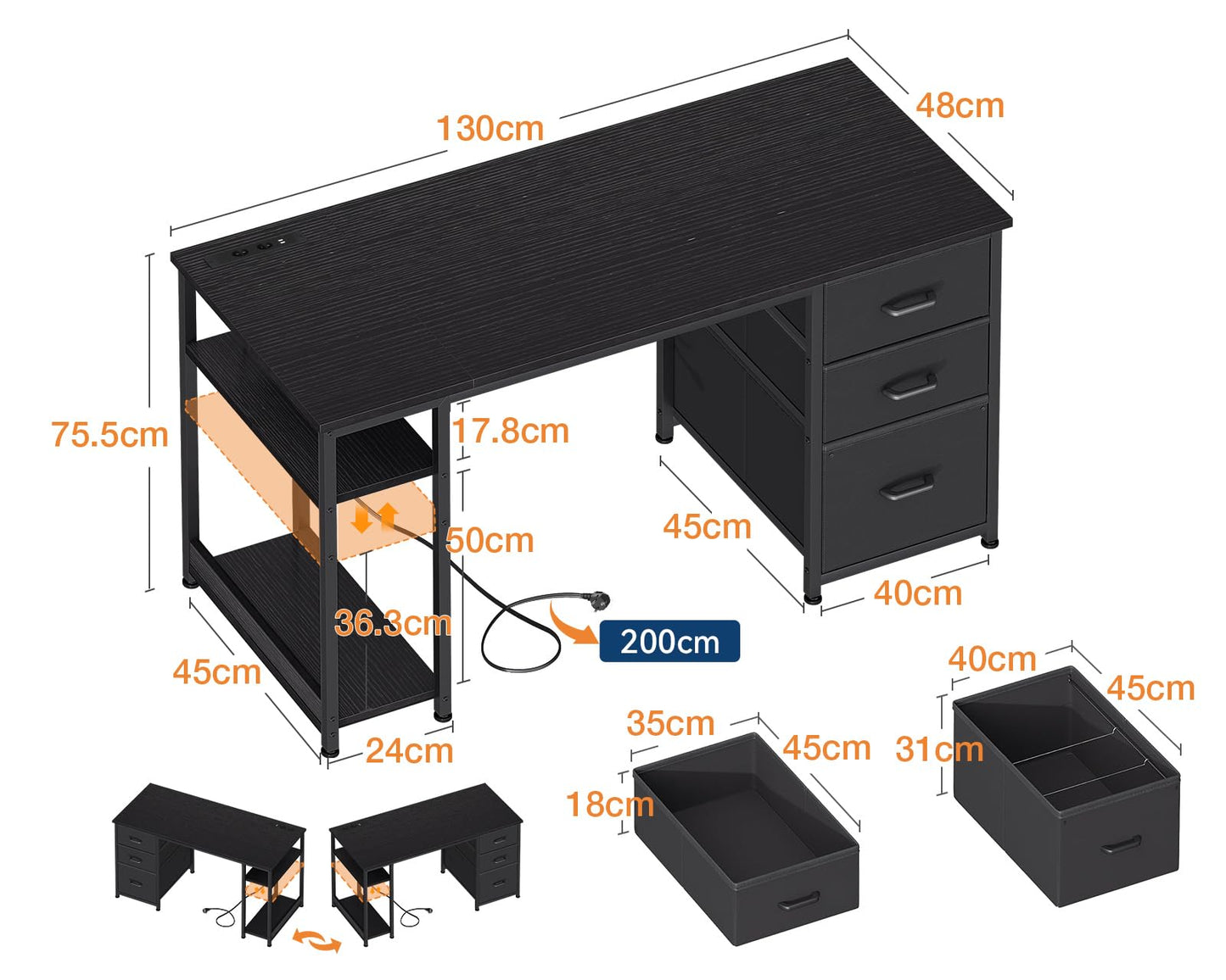 Coleshome Fabric Desk with 3 Drawers, 130 x 48 cm Computer Desk with 2 Sockets and 2 USB Charging Ports, PC Table with Shelf, Reversible Office Table for Office, Living Room, White