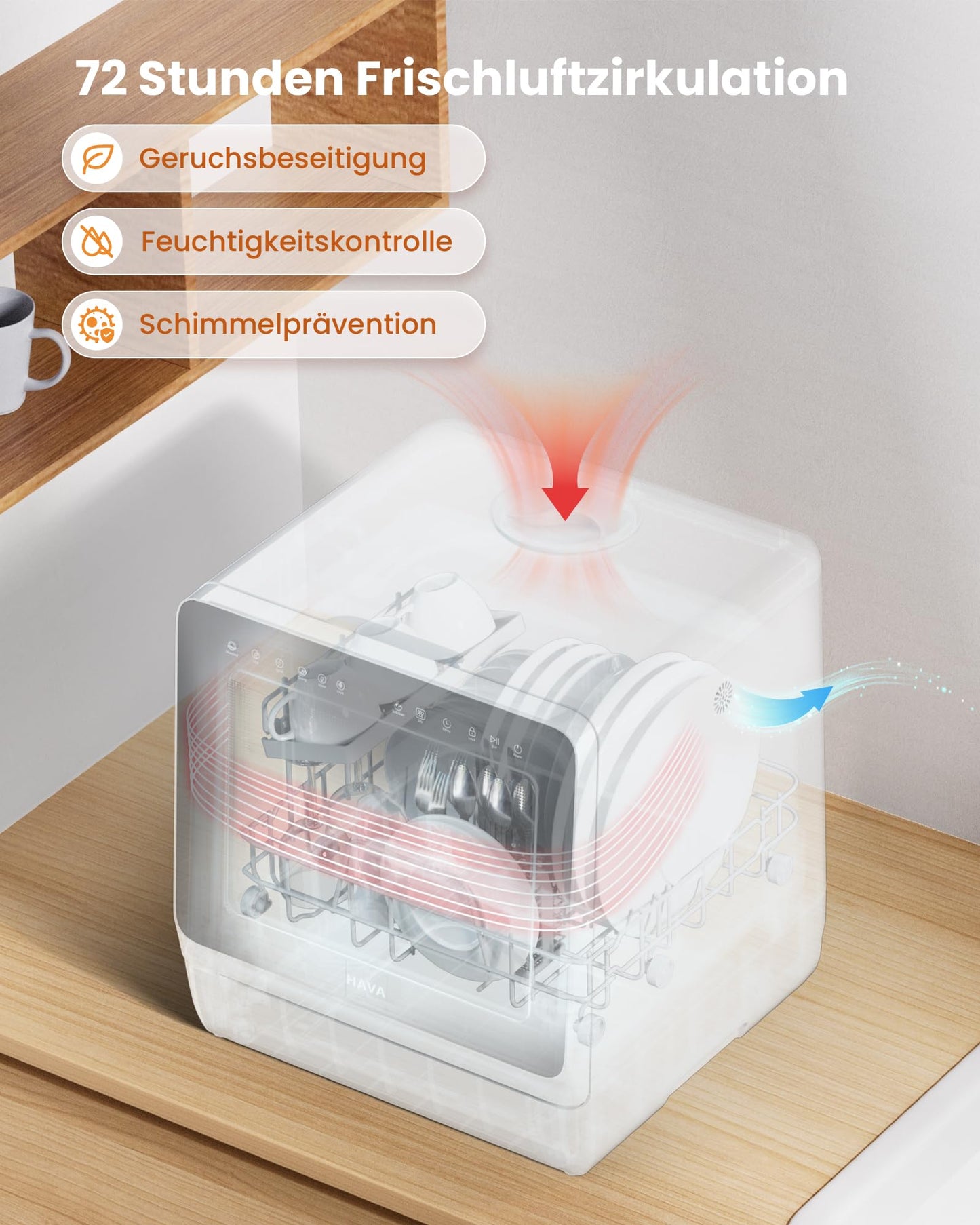 HAVA Dishwasher with Water Softener and Increased Energy Efficiency, Dishwasher with 8 Programmes, Child Lock & Delayed Start, No Installation Required