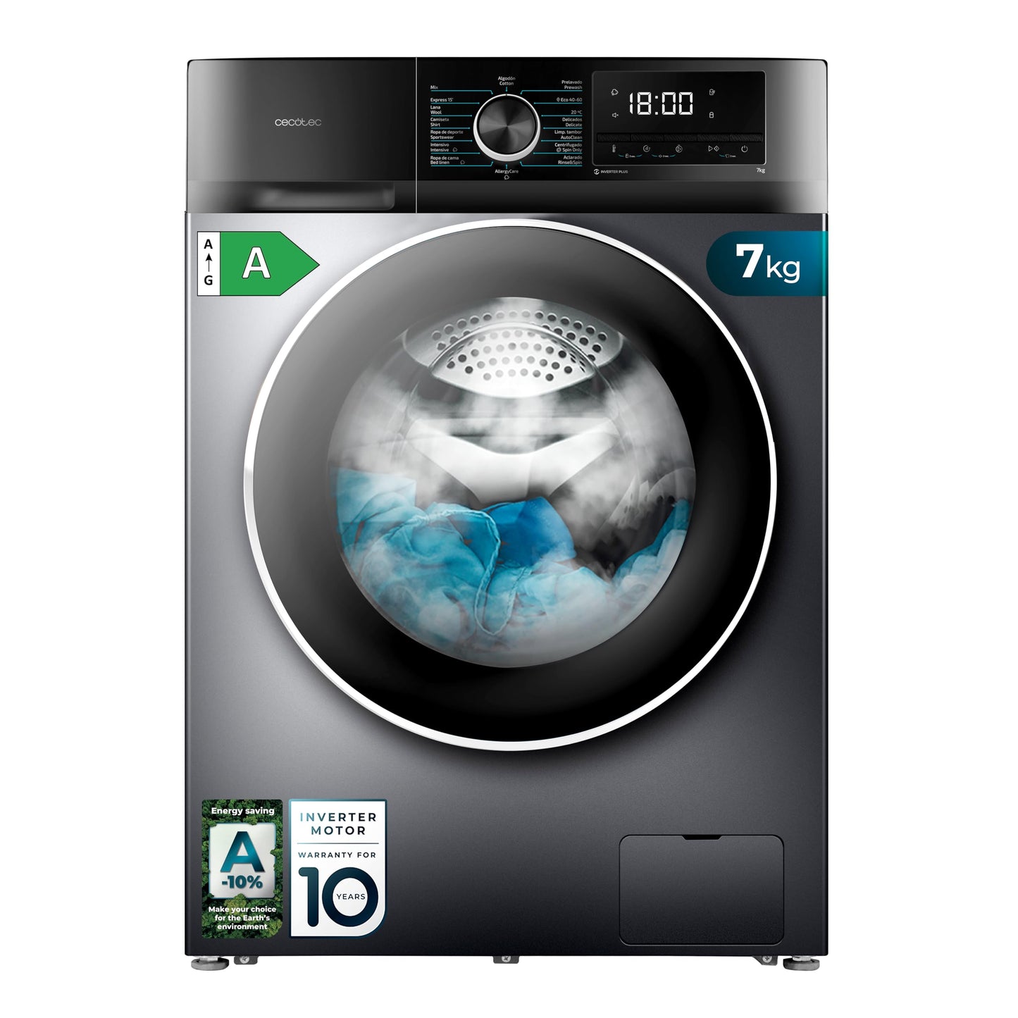 Cecotec Washing Machine 12 kg Front Load Bolero DressCode 12500 Inverter Steel A, 1400 rpm, Inverter Plus Motor, 16 Progr, SteamMax, Pearl Drum, Delay Start, Drum Clean, Display, Allergy Care, Stop &