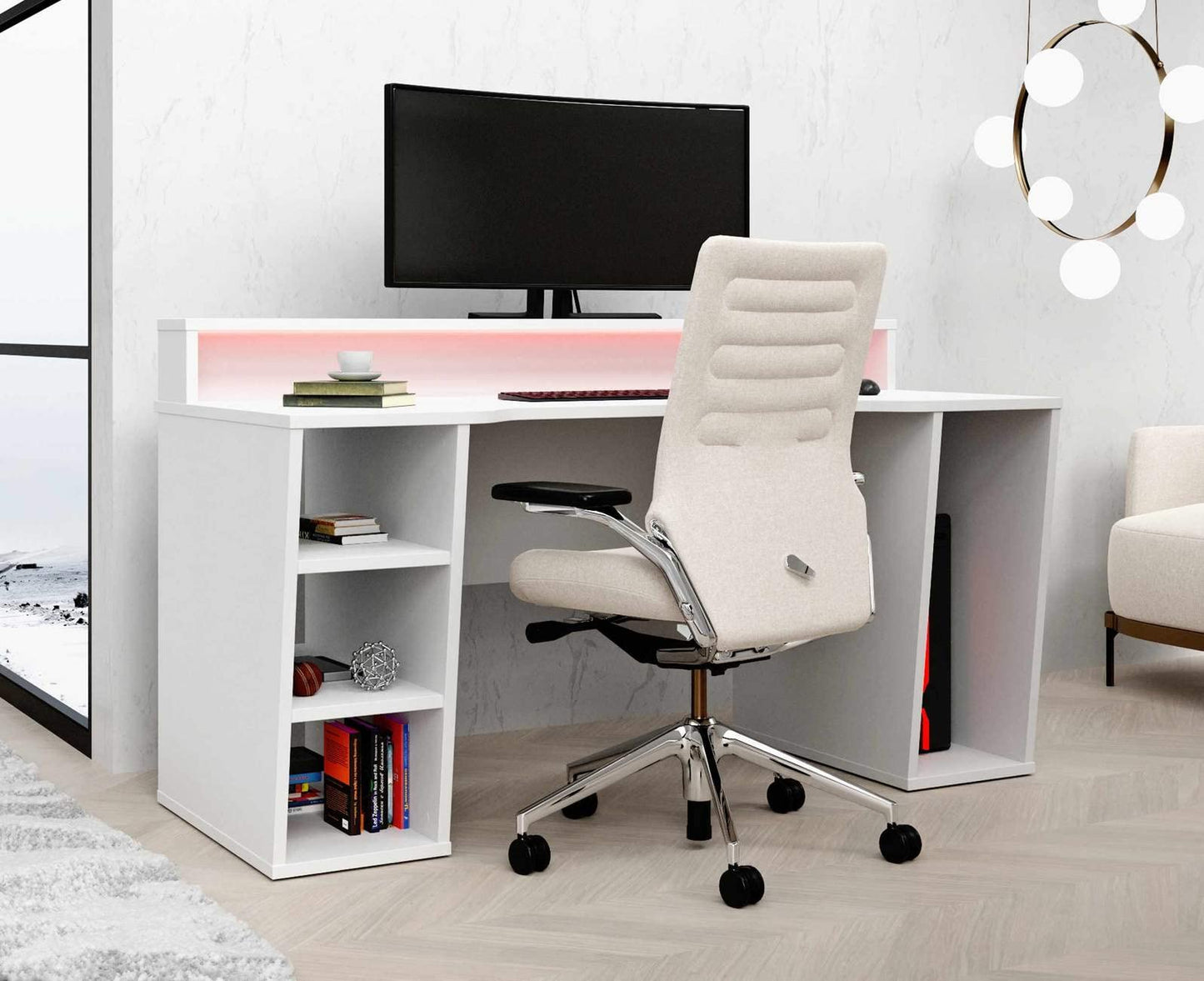 Forte TEZAUR Computer Desk Gaming Desk with LED Lighting and Shelf, Wood Material, Black, W x H x D: 200 x 91.1 x 125.4 cm