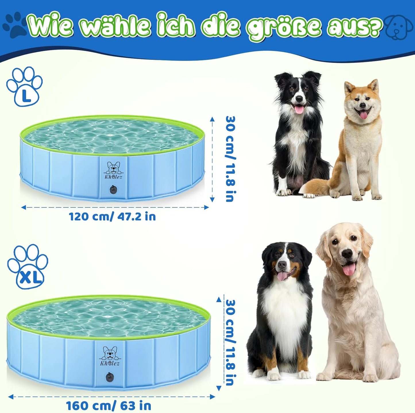 KHOLEZ Hundepool, 120 x 30CM Hundebadewanne für Große Kleine Hunde, Faltbarer Hund Planschbecken für Kinder, Tragbar Swimmingpool Schwimmbecken rutschfest mit Badebürste Ablassventil PVC-Aufnäher x 4