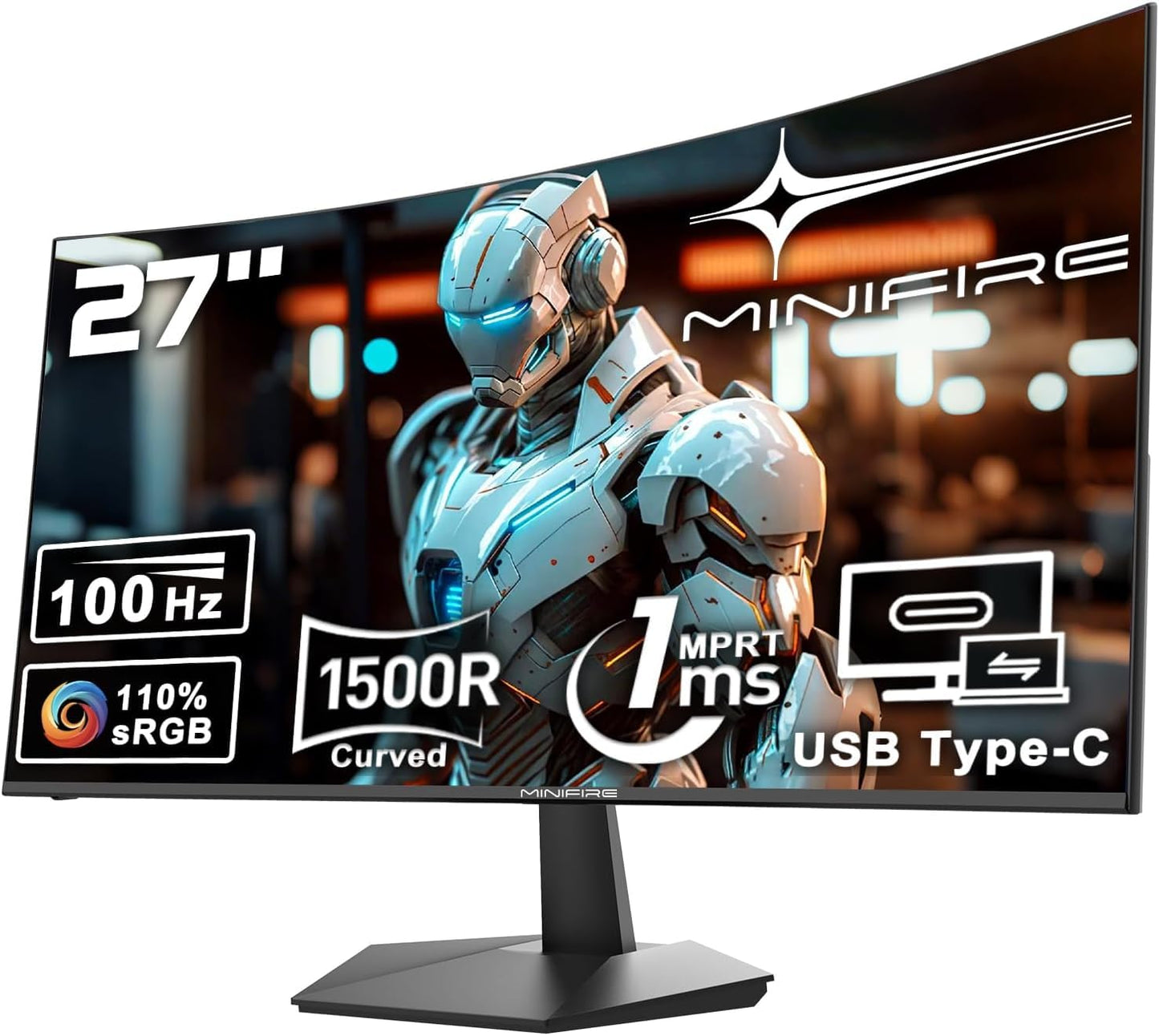 Minifire Curved Monitor 27 Inch 100Hz, PC Screen with Speaker -1500R FHD (1920 x 1080p) VA Panel, MPRT 1ms, sRGB110%, Less Blue Light, HDMI 1.4, Type-C 2.5W, Supports VESA - Black