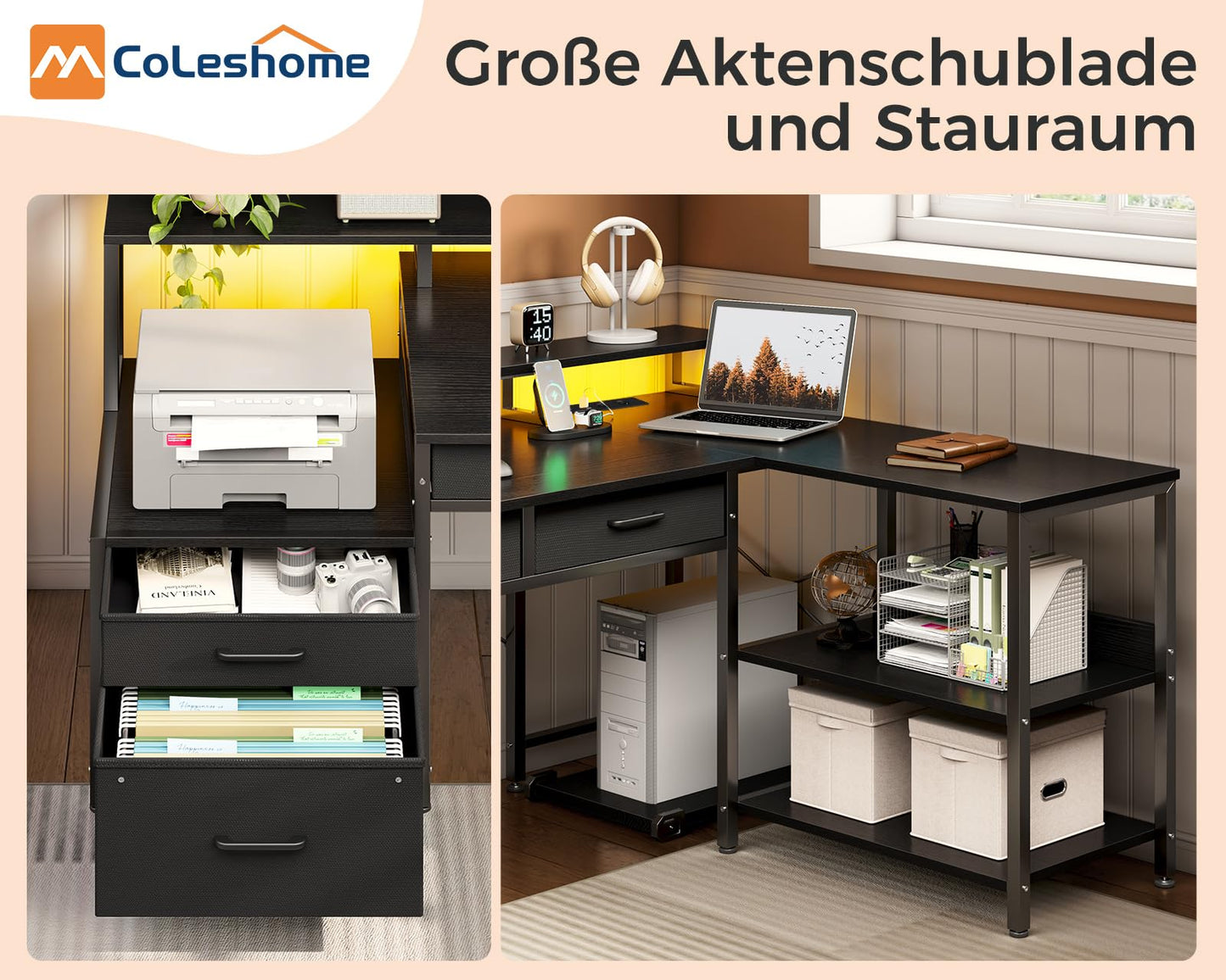 Coleshome L Shape Desk with Drawers, 195 x 100 cm Gaming Table with Socket, LED & Monitor Stand, Reversible Corner Desk with Storage Space, Computer Desk with Shelf for Office, Black