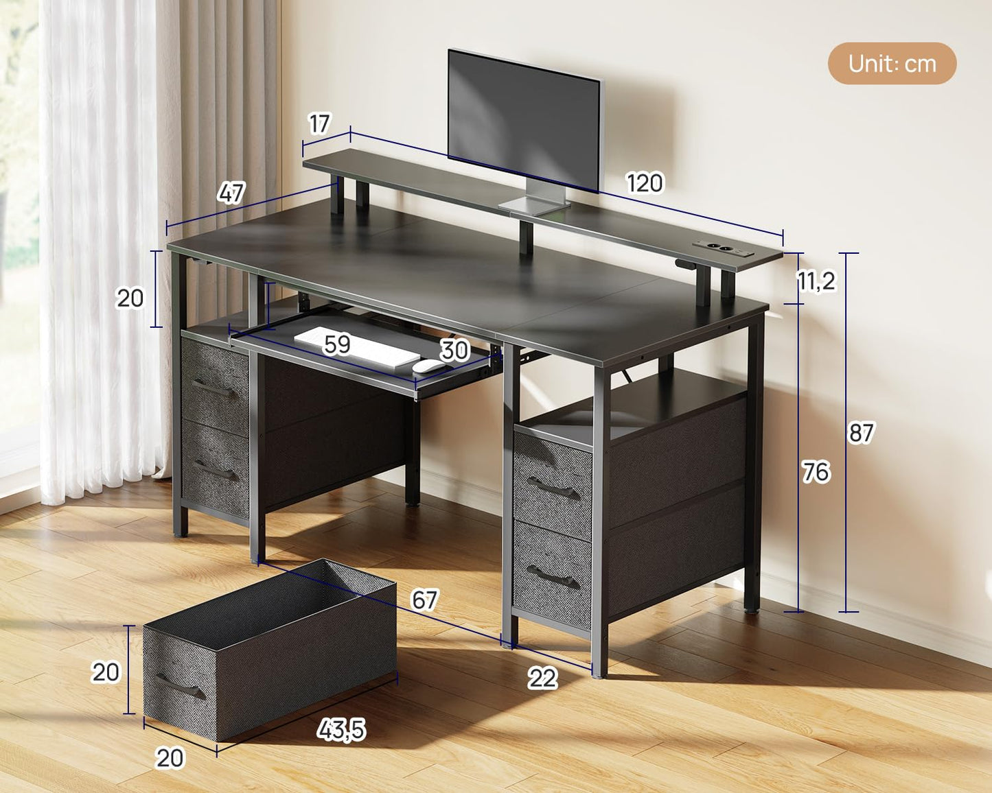 Rolanstar Desk with Drawers, 120 x 47 cm Gaming Table with Socket, LED & Monitor Stand, Computer Desk with Keyboard Tray, Gaming Desk for Home Office, Office, Living Room, White