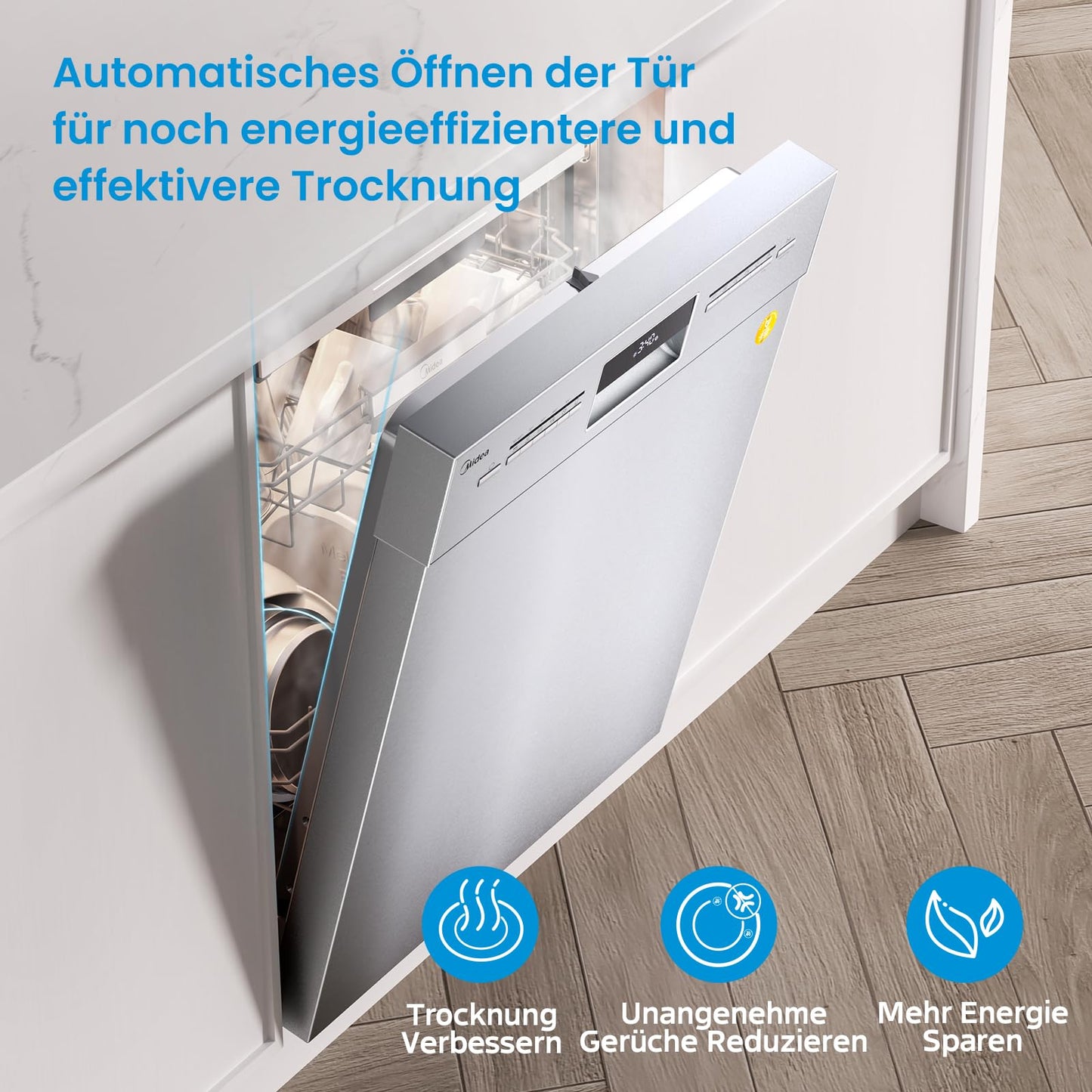 Midea SU 5.35X14CS Dishwasher Base, 14 MGD, Dishwasher 60 cm, Home Connect, Hygiene Care+, Machine Care +, Extra Drying, Half Load, 44 db, Start Delay, Stainless Steel