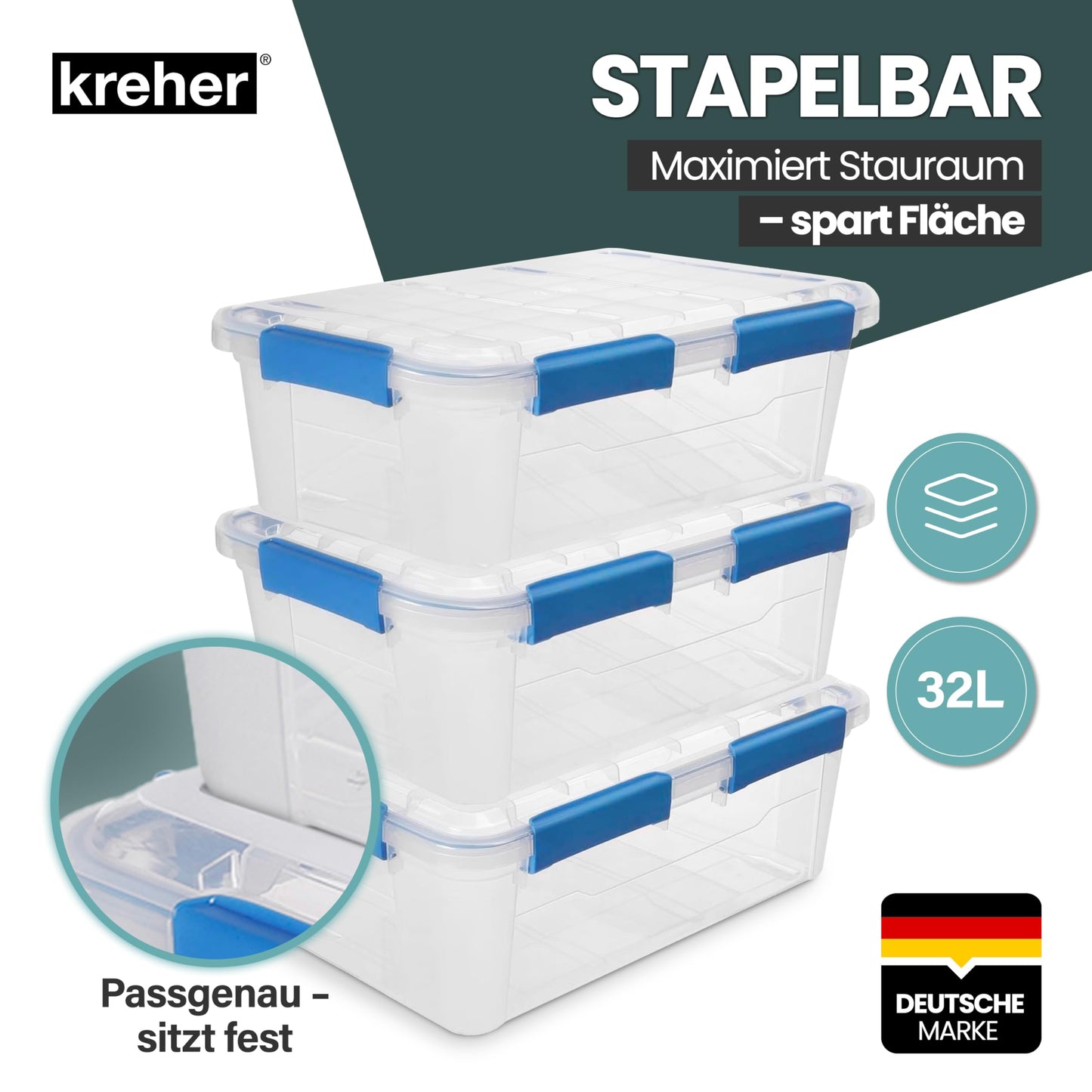 Kreher® Waterproof Storage Box with Lid and Silicone Seal (IP67) Made of Durable Plastic in Various Sizes. Ideal for Wet Rooms, Basements, Garages, Camping etc. (2.50 Litres)