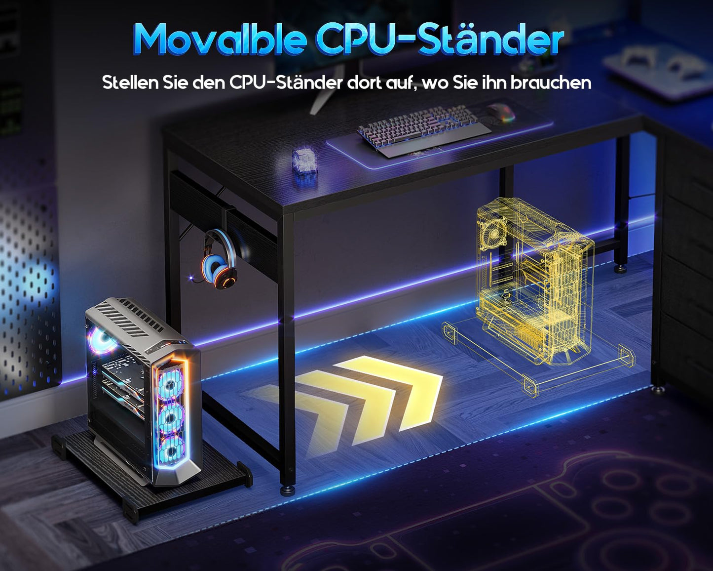 Coleshome Gaming Table with LED, 110 × 80 cm, Reversible Gaming Desk with Drawers & Sockets, Corner Desk with Storage Compartment & Storage Space, Black