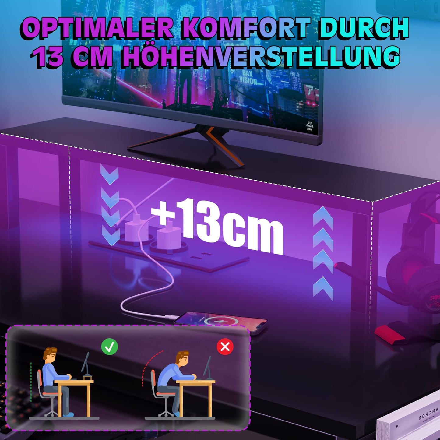 Flamaker Gaming Tisch l Form 140x140 cm - Eckschreibtisch mit RGB LED, Monitorständer & Ablagefach | 2 Steckdosen + 2 USB-Anschlüsse (Weiß)