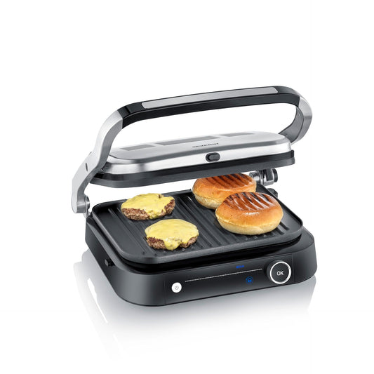SEVERIN Kontaktgrill für Sandwiches, Steak und als Panini Grill, antihaftbeschichteter Sandwich Maker für fettfreies Grillen, 800 W, metallic grau/schwarz, KG 2394