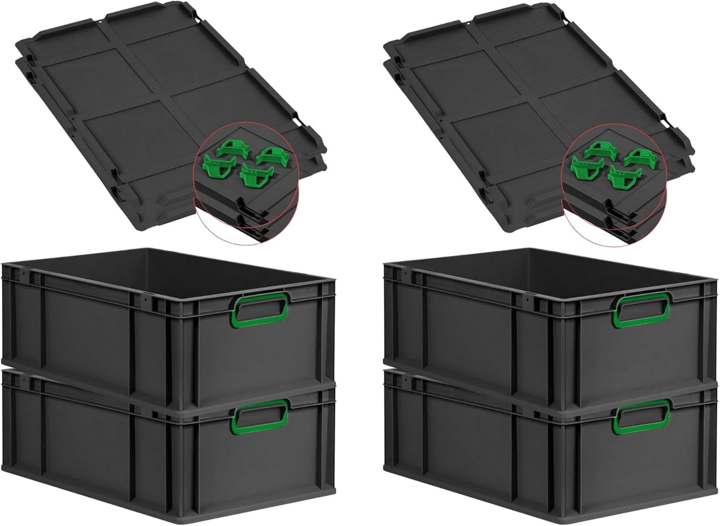 PROREGAL Economy Set of 5 Eurobox NextGen Colour with Lid and Sliding Snap Fasteners, H x W x D 22 x 30 x 40 cm, 20 L, Black, Closed Handles, Euro Container, Transport Box, Transport Container
