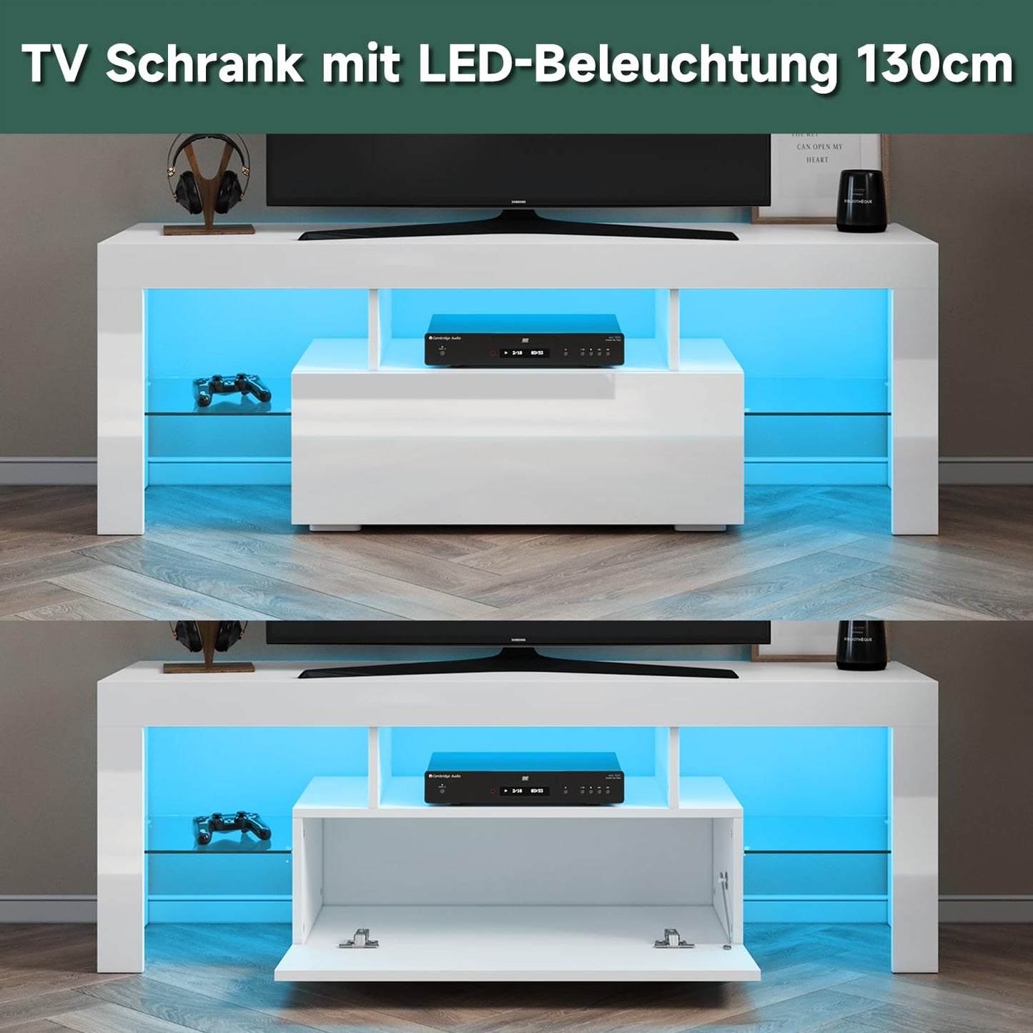 SONNI TV Board White, Handle-less Design, TV Cabinet High Gloss, TV Stand with LED Lighting, 12 Colours Can Be Adjusted, TV Shelf, Lowboard for TVs up to 65 Inches, 130 x 35 x 45 cm