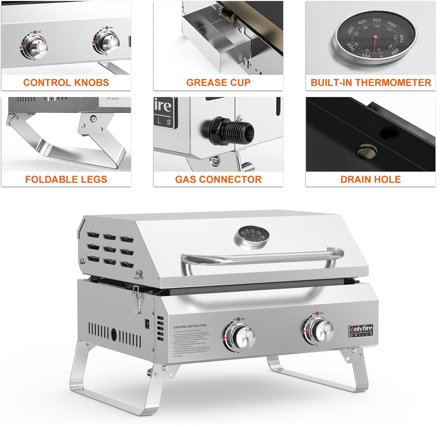 Onlyfire 2-Burner Gas Barbecue Small Stainless Steel 4.7 kW with Foldable Trolley, Side Shelves and Grill Grate, Garden Grill, Outdoor Gas Grill for Balcony Camping