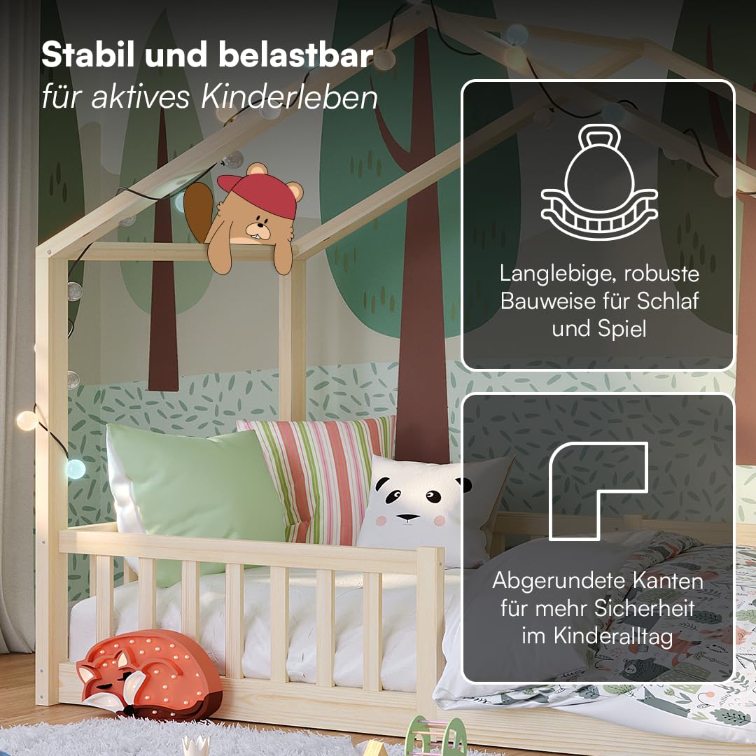 Bellabino Bia Children’s Bed, 90 x 200 cm, Children’s House Bed incl. Fall Protection and Rolled Slatted Frame, Montessori Floor Bed, White, Solid Pine Wood