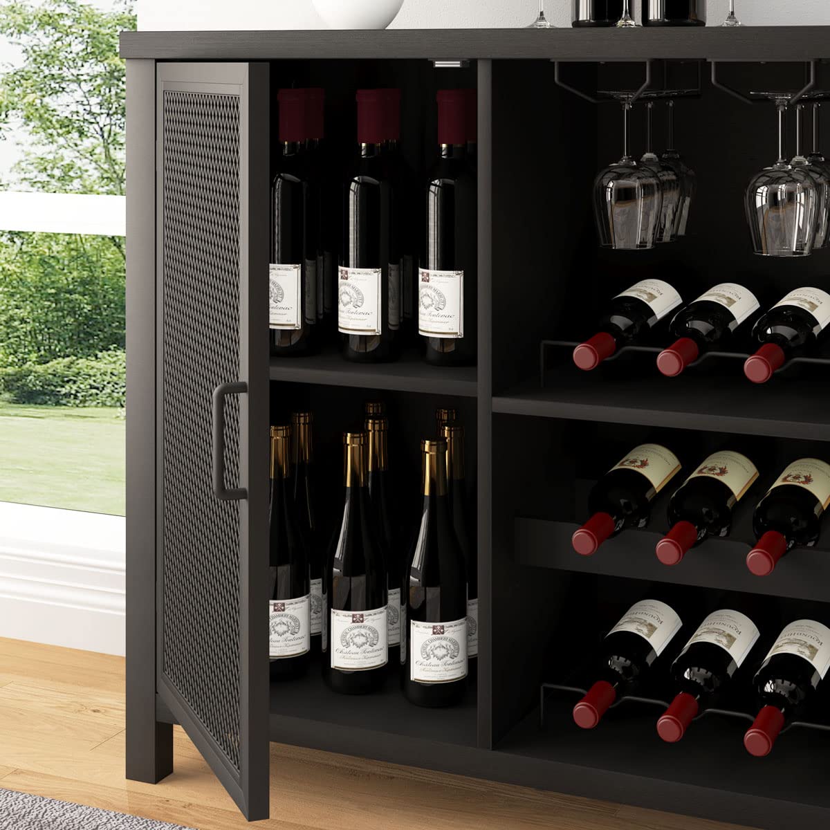 Mudmasa Küchenschrank Buffetschrank Sideboard Barschrank, Küchekommode Holz, mit 2 Türen, Weinschrank Beistellschrank für Wohnzimmer, Küche, Esszimmer, 35 x 140 x 82 cm, Schwarz