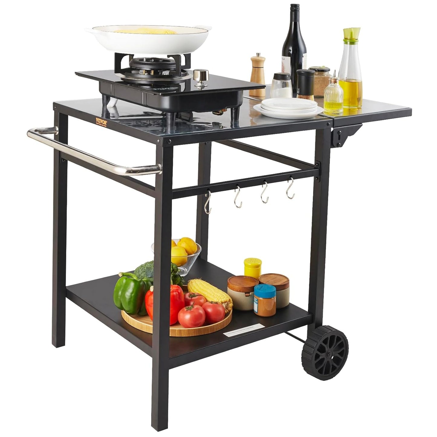 VEVOR Barbecue Trolley, Kitchen Trolley, 97.2 x 64 x 75.5 cm, Outdoor Serving Trolley with Double Shelf, Movable Grill Table for Preparing Food, Multifunctional Iron Table Top, Black