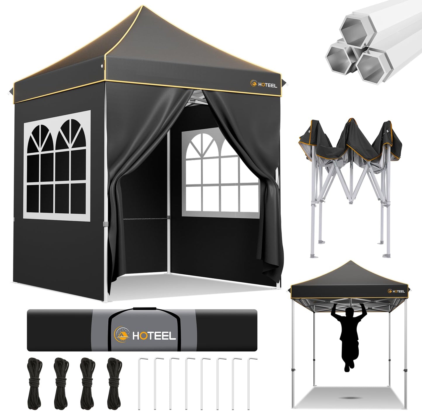 HOTEEL Gazebo 3 x 6 Waterproof Stable with 6 Removable Side Walls, Wave Hem Roof Party Tent 3 x 6 with Wheel Bag and 4 Sand Bags, Folding Gazebo 3 x 6 Parasol for Wedding Market (Grey)