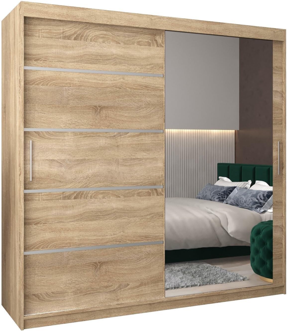 MEBLE KRYSPOL Kleiderschrank mit Spiegel Verona 2 - Garderobenschrank - Schrank Schlafzimmer - Mehrzweckschrank DREI Schiebetüren - Regalen - Flur Möbel - Kleiderstange Schrank - Allzweckschrank
