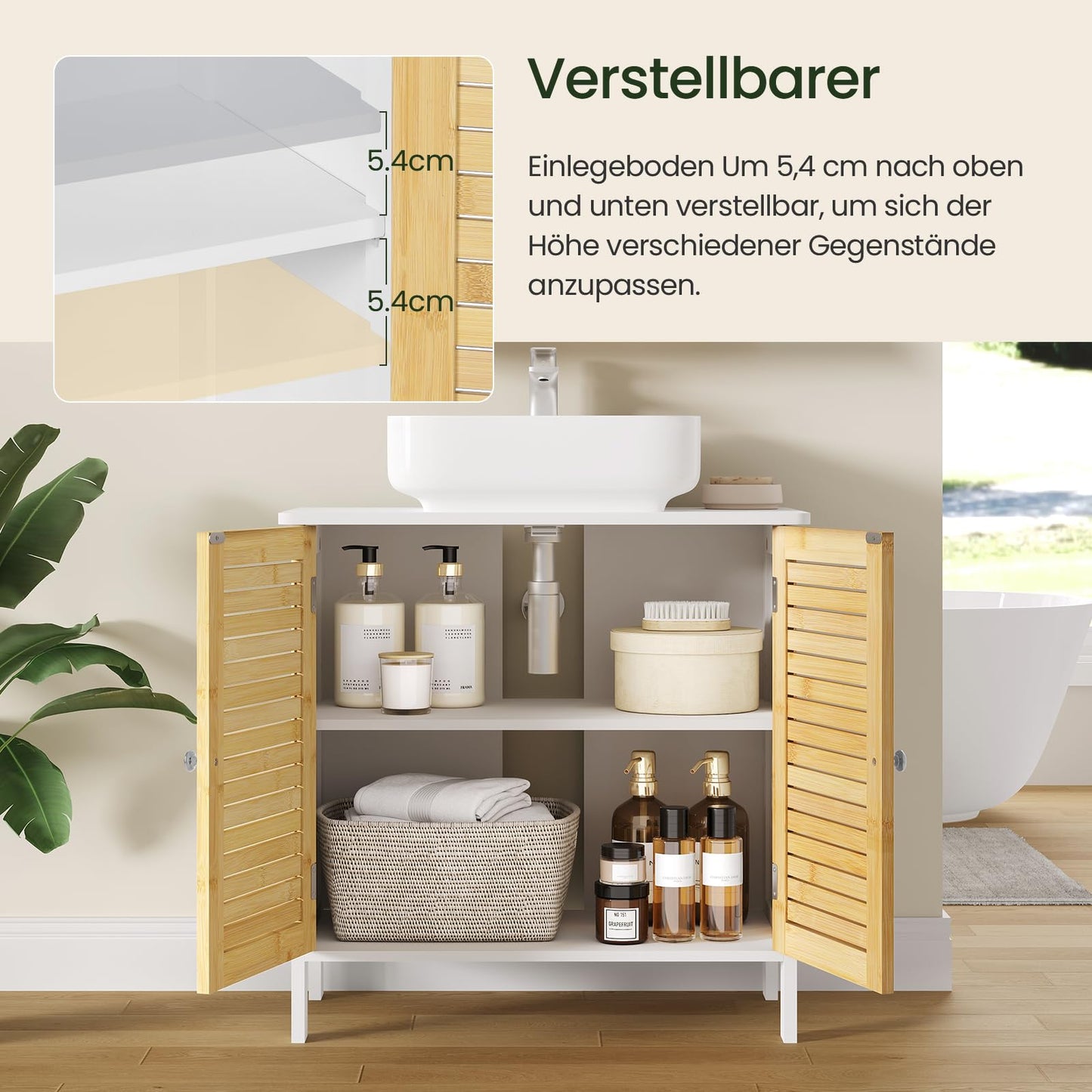 EUGAD Under Basin Vanity Unit Bathroom Cupboard with 2 Doors 60 x 30 x 60 cm, Bamboo