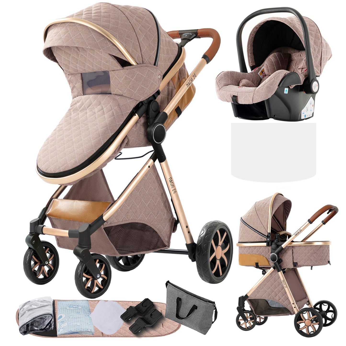Doraystar 360° Rotation PU Leather Pushchair 3-in-1 Combination Pushchair 3-in-1 with Two Reversible Sliding Modes, Pushchair Complete Set with One-Click Folding Design, Aluminium Alloy Frame (906
