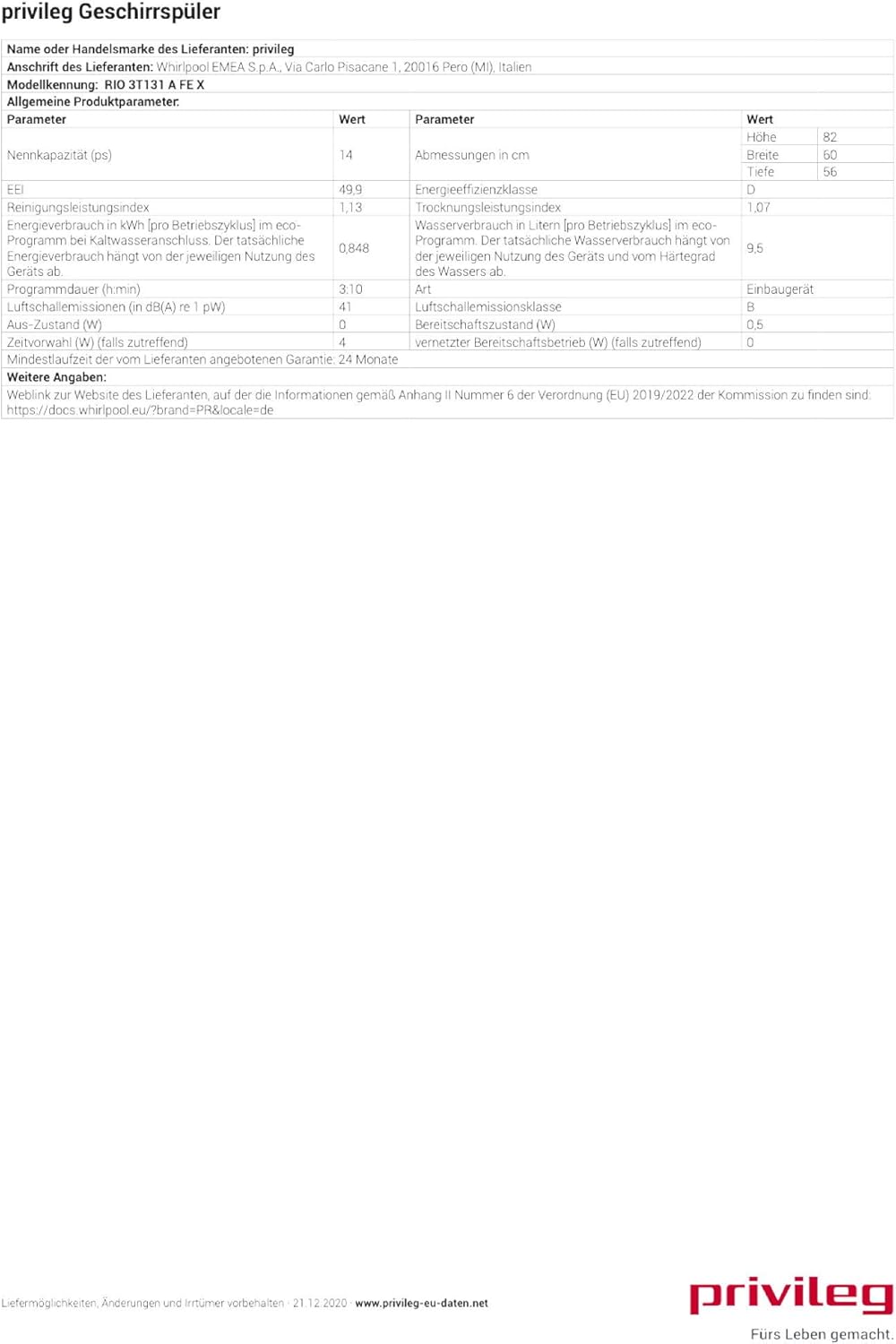 Privileg RIO 3T131 A FE X Fully Integrated Dishwasher 60 cm / 14 Place Settings / Fast & Clean 28 Inch / Auto Door / Push & Go / Option Multizone / Delay Start Time / Full Water Protection [Energy