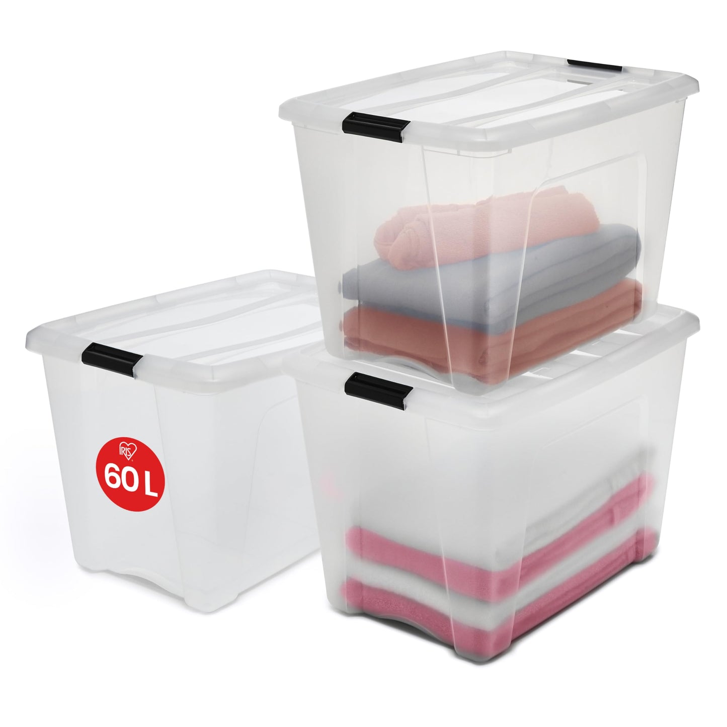 Iris Ohyama Storage Box with Lid, 80L, Set of 4, Transparent, Snap Latches with Handles, Stackable, Strong & Durable, for Clothes, Garage, Home, Office, Plastic Box, Storage TB-84D