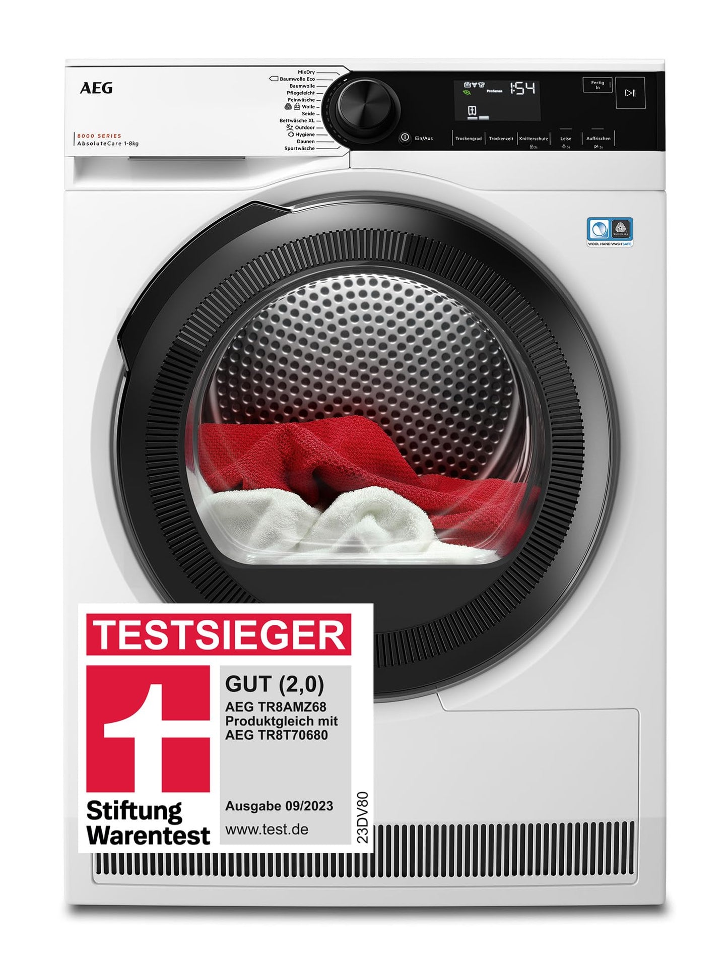AEG Heat Pump Dryer 8 kg, Test Winner of Stiftung Warentest, Series 8000 AbsoluteCare - Wool and Silk Drying, C, Energy Saving, Drum Lighting, Wrinkle Protection, Gentle Drum, TR8AMZ68