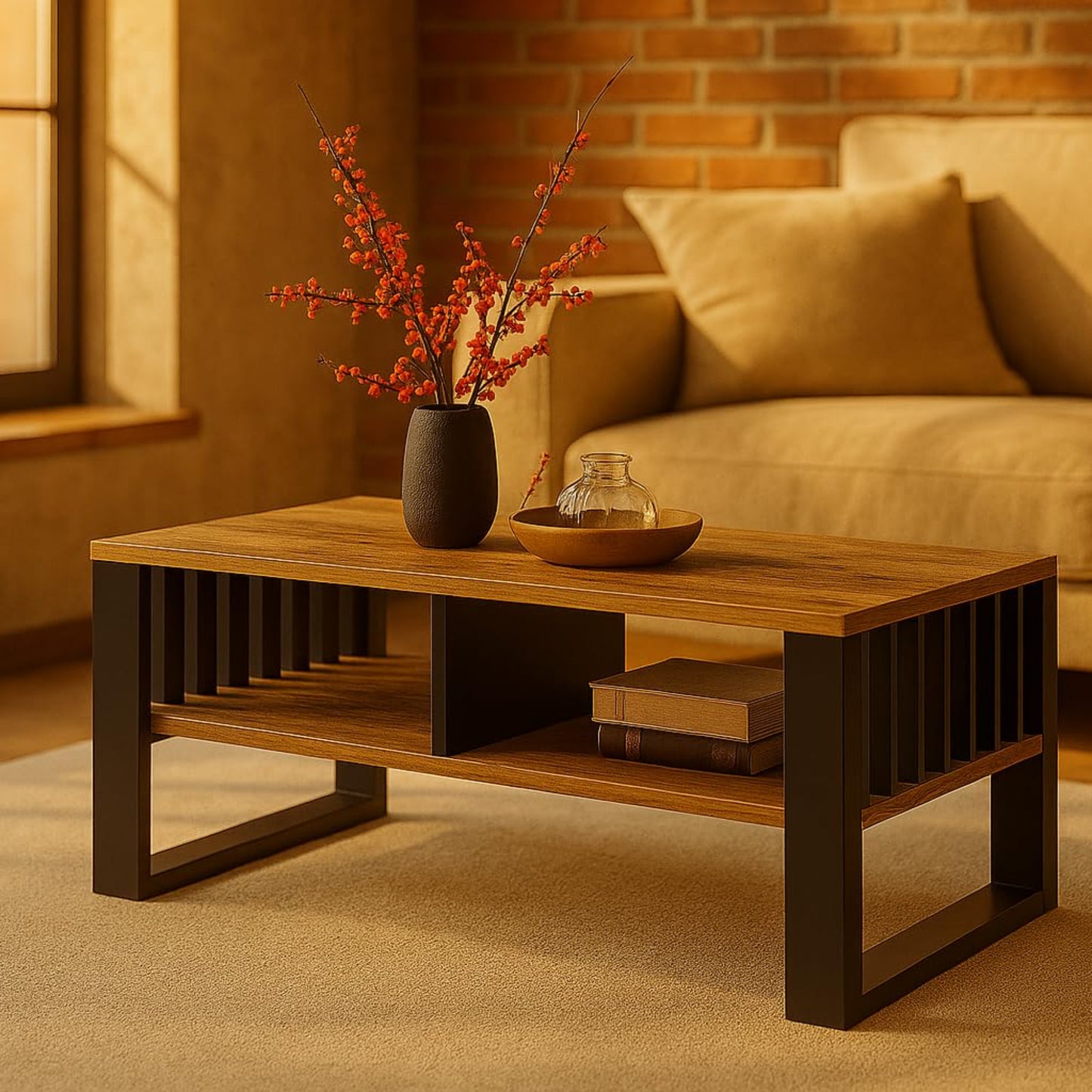 Meble Pitus Coffee Table White - Modern Living Room Table 90 x 50 x 50 cm with Storage Space & Slat Design