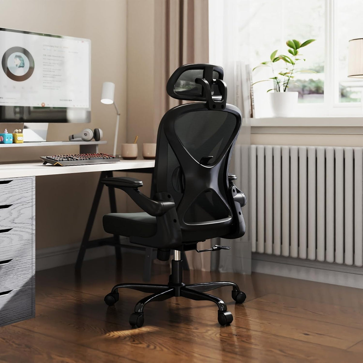 ZZH Ergonomic Desk Chair, Mesh Office Chair with Adjustable Lumbar Support & Folding Armrests, Breathable Computer Chair for Home Office with 360° Rotation & Height Adjustment, Black