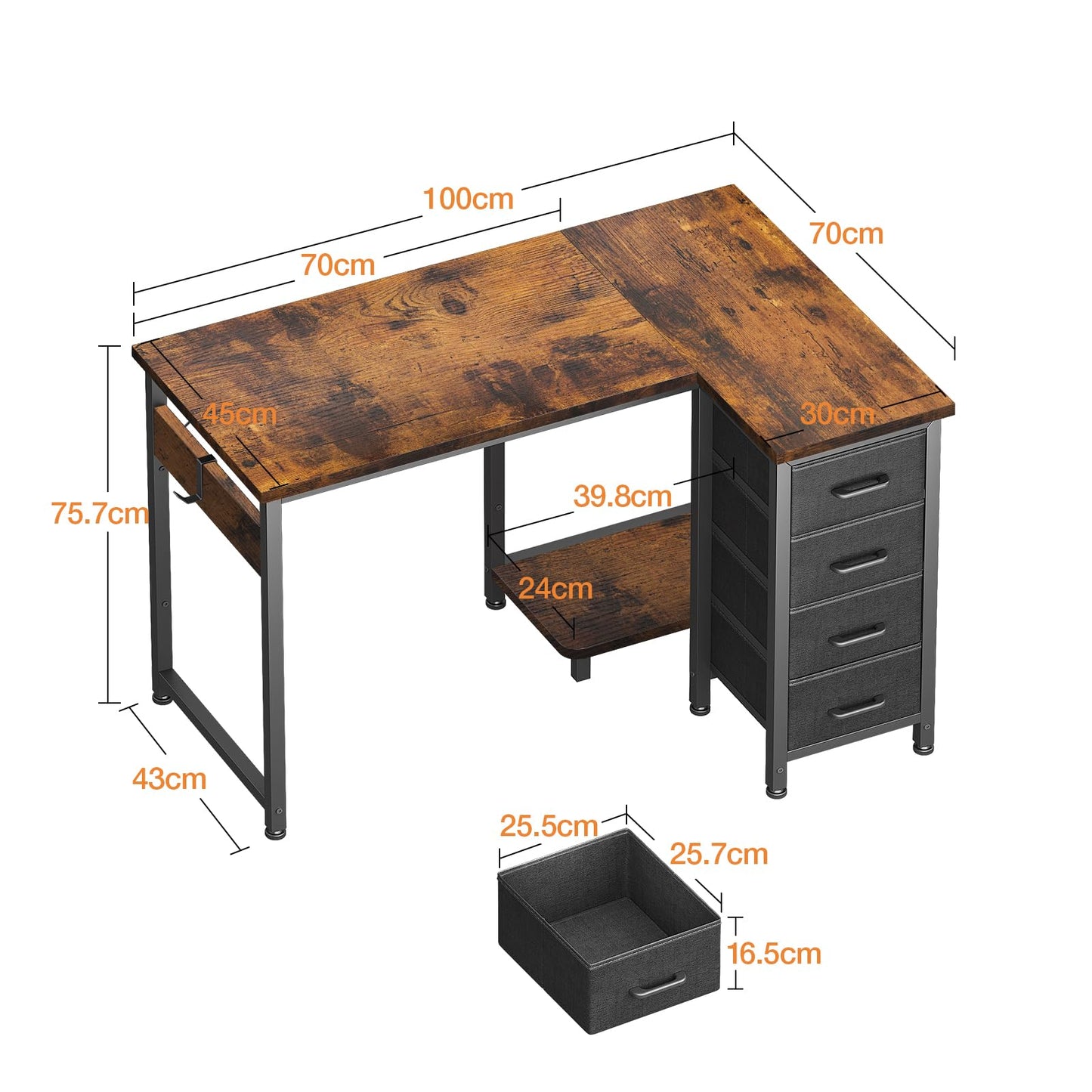 Coleshome Corner Desk, 100 x 70 cm, L Shape Desk with 4 Drawers, Reversible Computer Desk for Office, Study, Bedroom, White