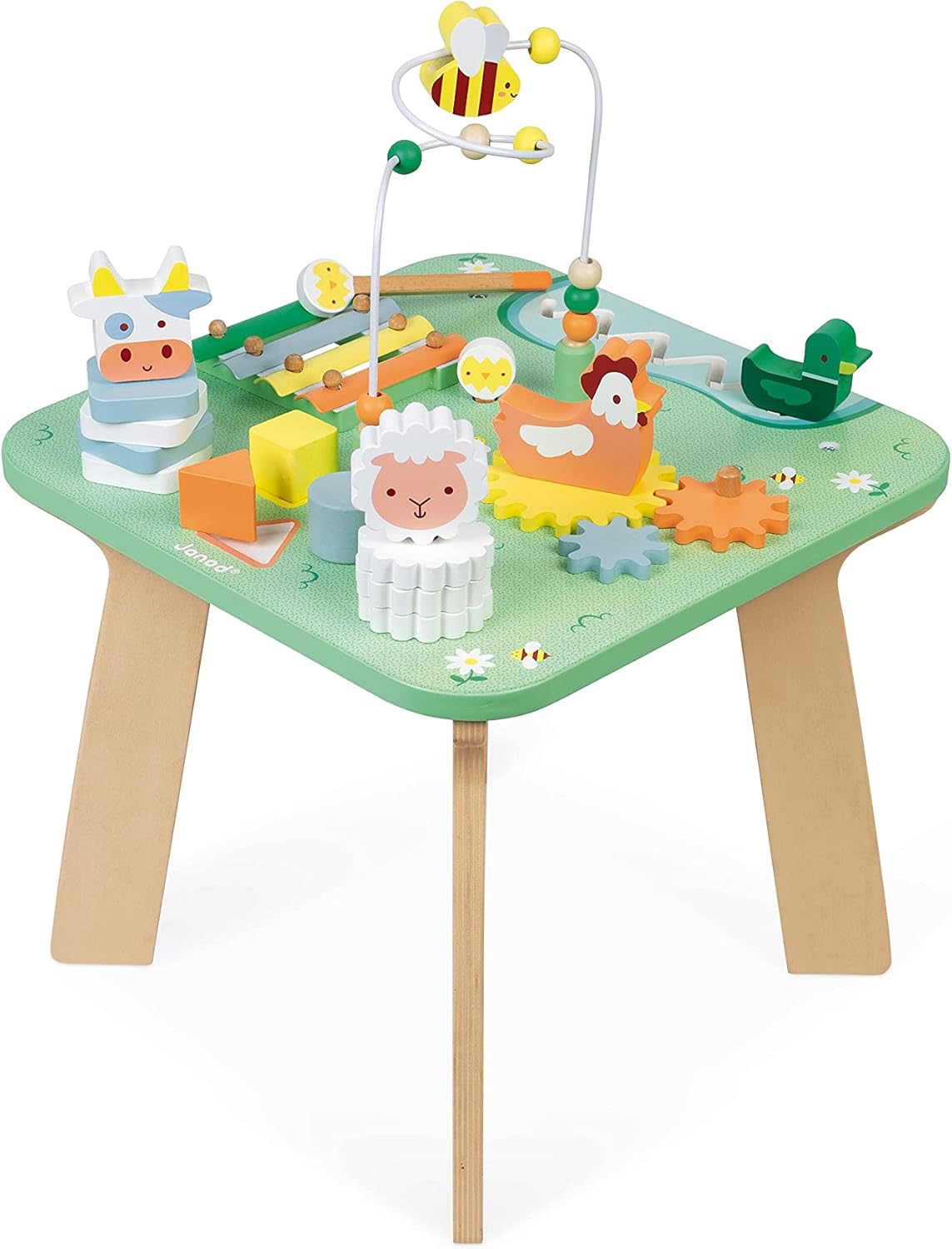Janod - Jolie Prairie Activity Table - Wooden Play Table with 7 Activities - Multi-Activity Wooden Table with Animal Motifs - Motor Skills Development and Early Musical Education - From 12 Months,