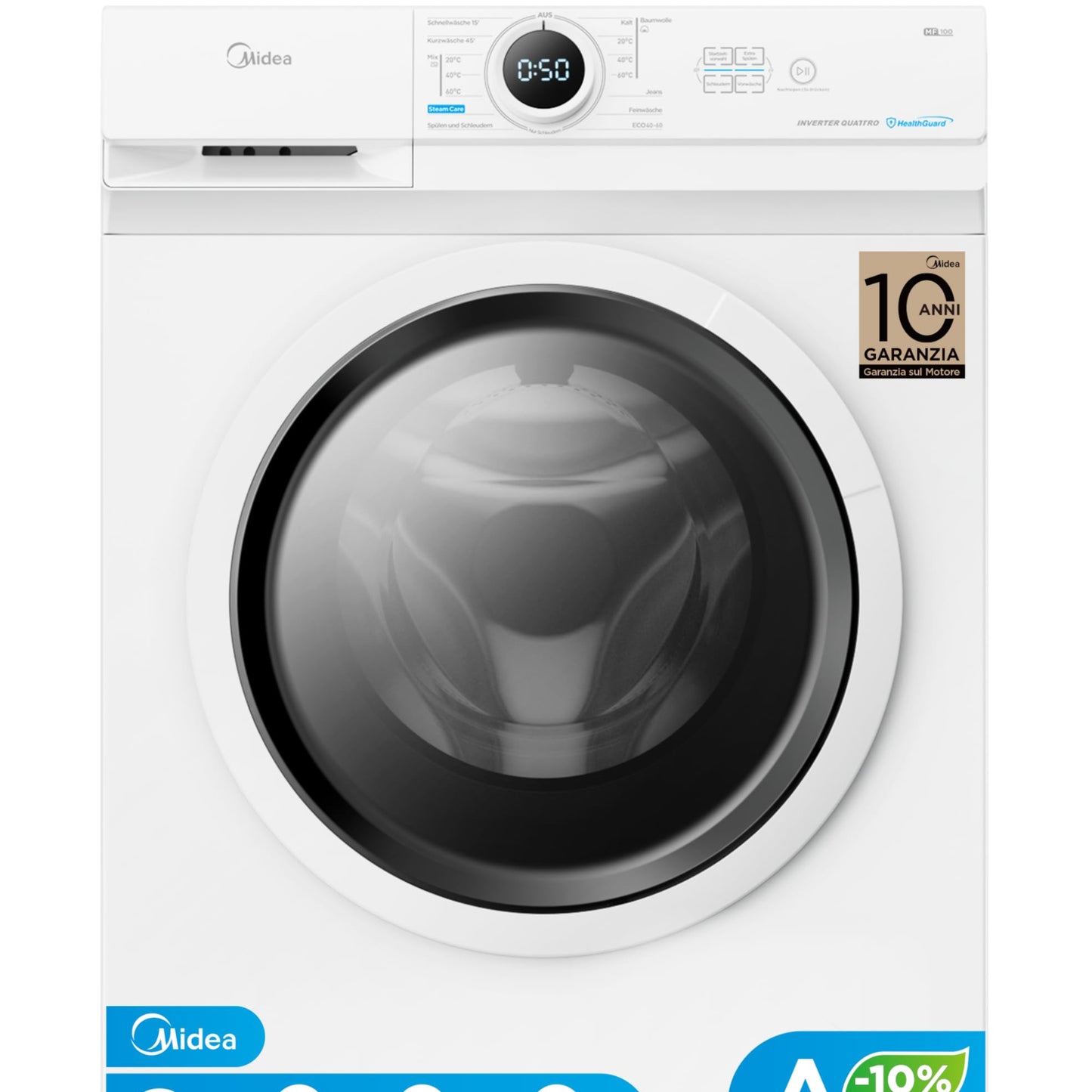Midea MF10EW70B Washing Machine / 7 kg / 1400 rpm / Energy Efficiency Class A / Inverter Quattro Motor / Steam Function / Large Drum / Refill Function / Child Safety Lock / AquaStop, White