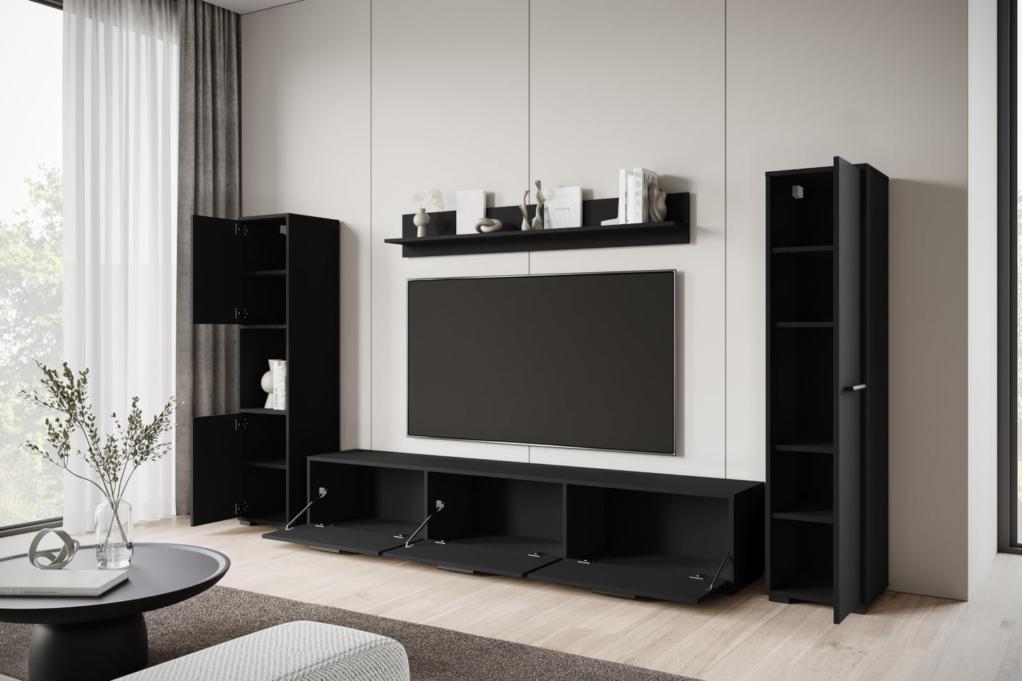 MINIO go for it - Living Room Wall Unit 4-Piece Toga, Living Room Furniture Set, 1 x TV Lowboard, 2 x Tall Cabinet, 1 x Wall Board, Living Room Furniture Complete, Living Room Set - Colour Wotan Oak