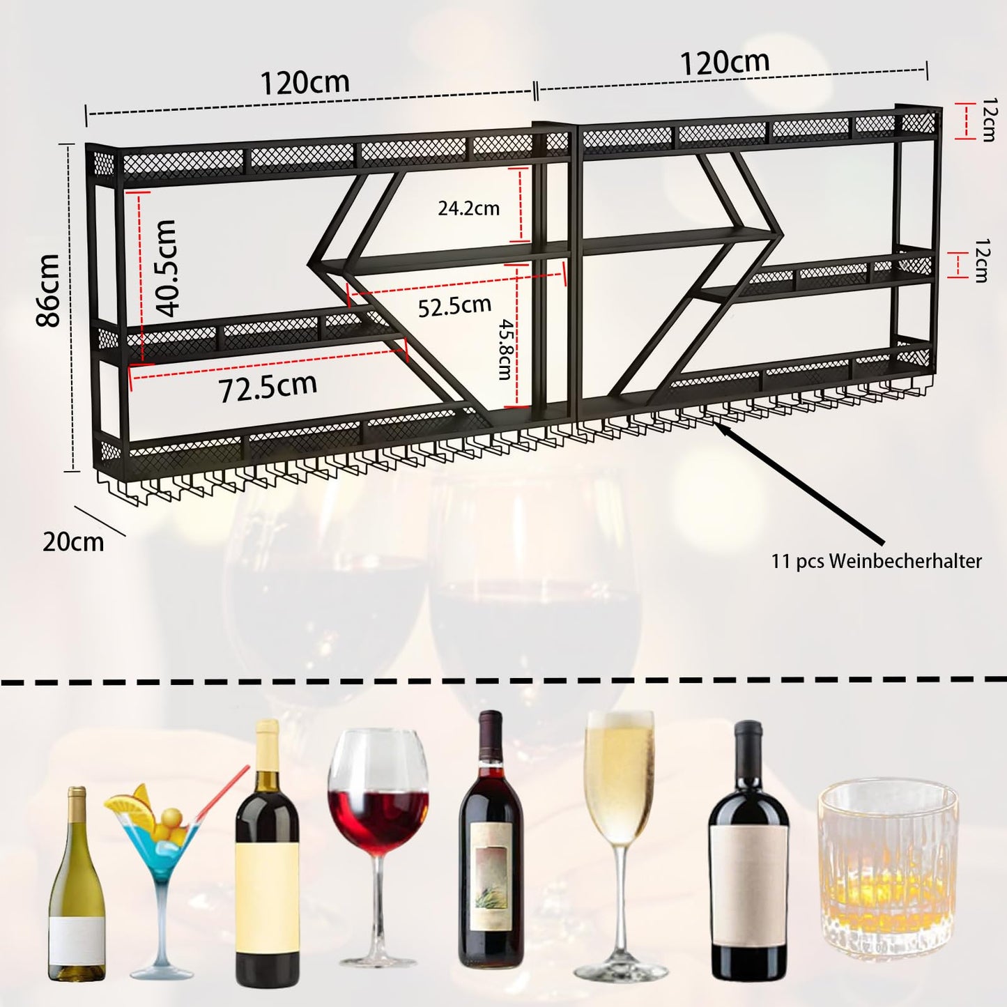 Wall Wine Rack Metal with LED Lighting and Modular Wine Bottle Holder Modern Wine Storage for Home Bar, Kitchen, Catering Robust Holder + Easy Assembly (Includes Dowels) (Black, 2.4 m)