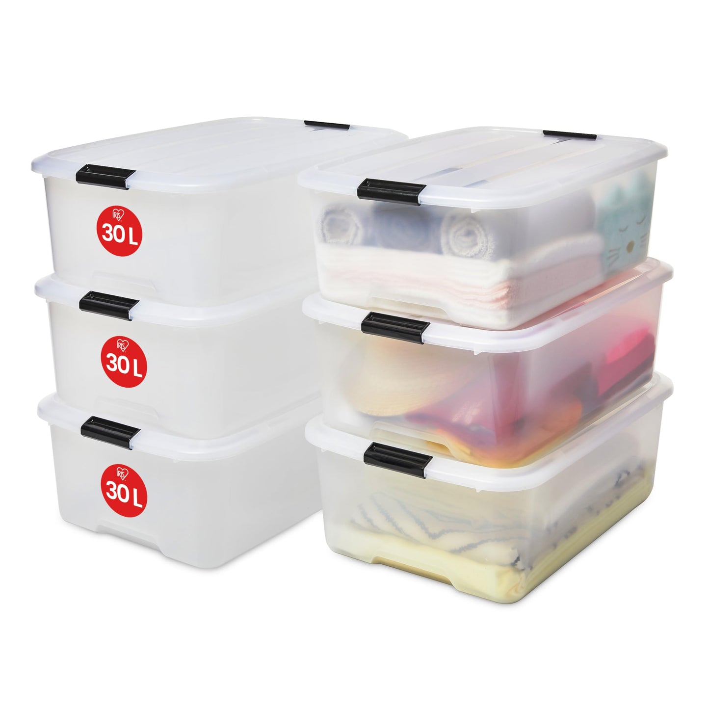 Iris Ohyama Storage Boxes with Lids, 55L, Set of 4, Transparent, Secure Closure, Stackable, Handles, Bedroom, Closet, Office, Organisation, BPA-Free Plastic, Organiser Boxes, BSB-55
