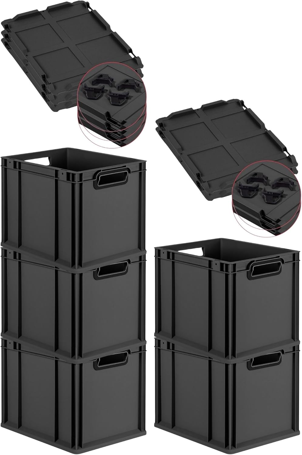 PROREGAL Economy Set of 5 Eurobox NextGen Colour with Lid and Sliding Snap Fasteners, H x W x D 22 x 30 x 40 cm, 20 L, Black, Closed Handles, Euro Container, Transport Box, Transport Container